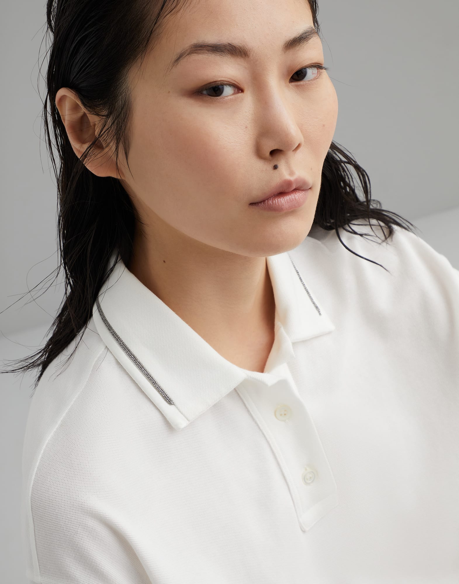 Cotton pique polo shirt with shiny collar trim