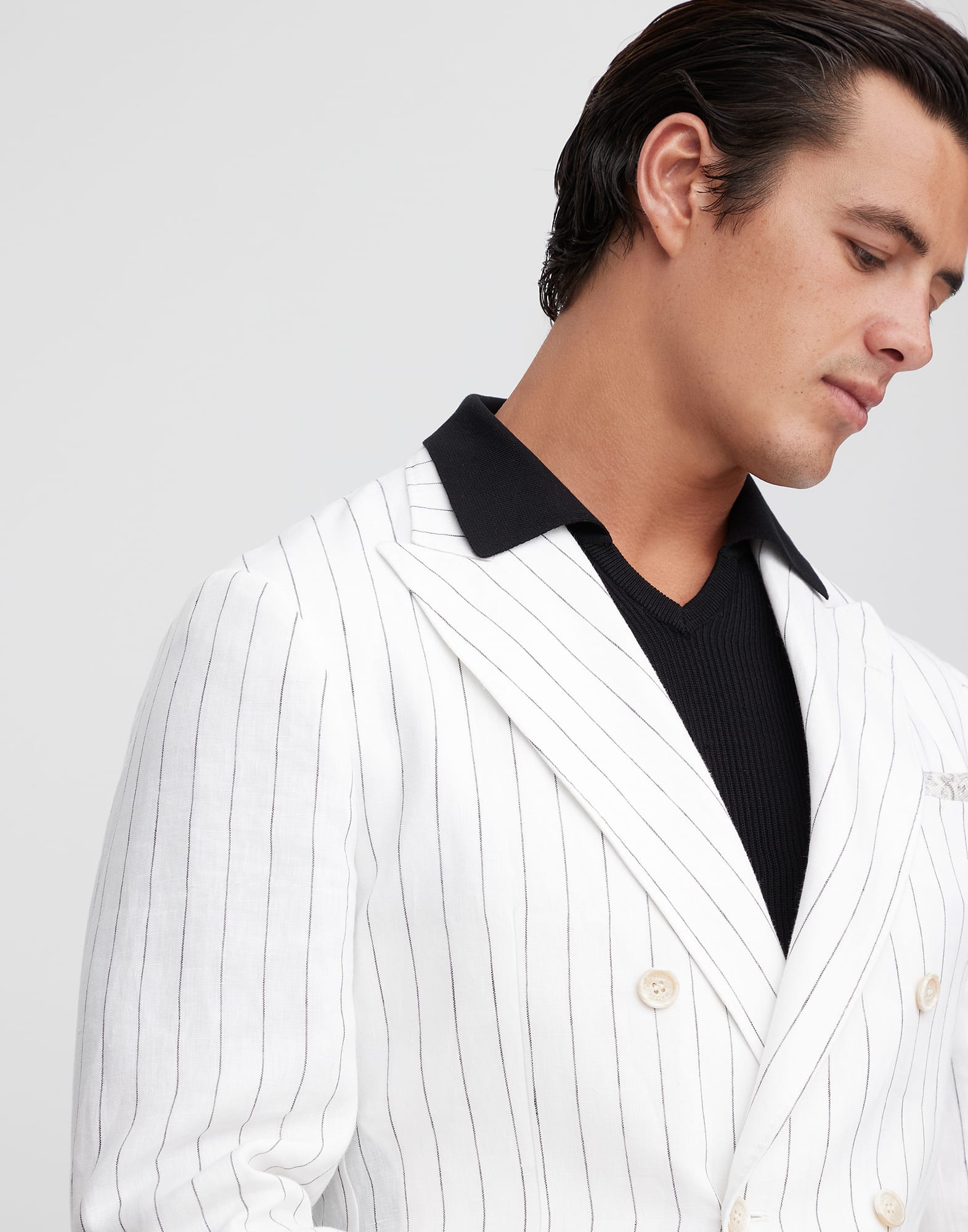 Linen chalk stripe one-and-a-half breasted deconstructed blazer with patch pockets