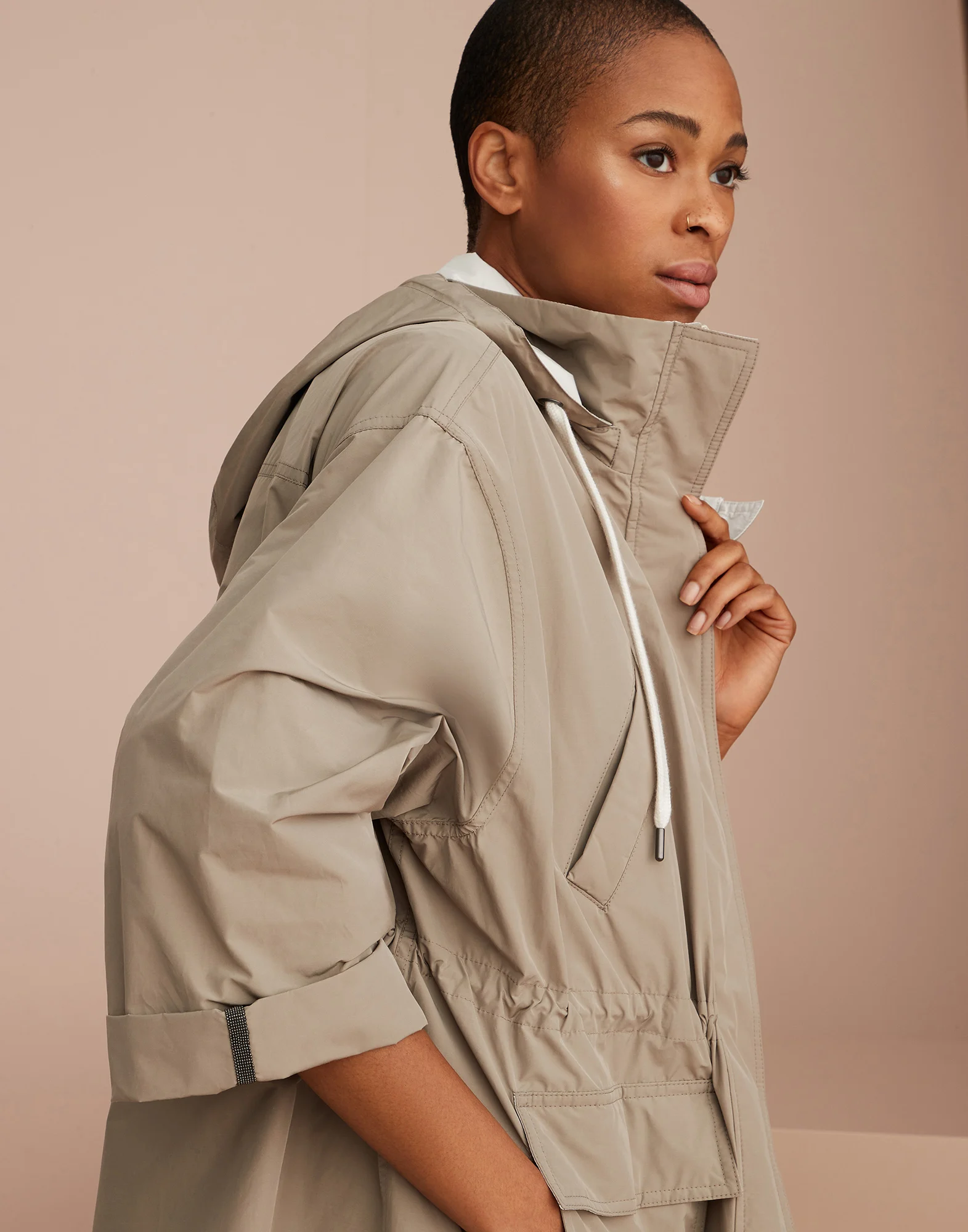 Water-resistant taffeta hooded outerwear jacket with monili