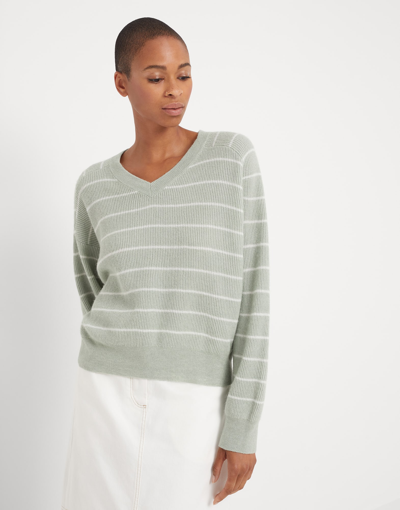 Striped alpaca and cotton English rib sweater with monili