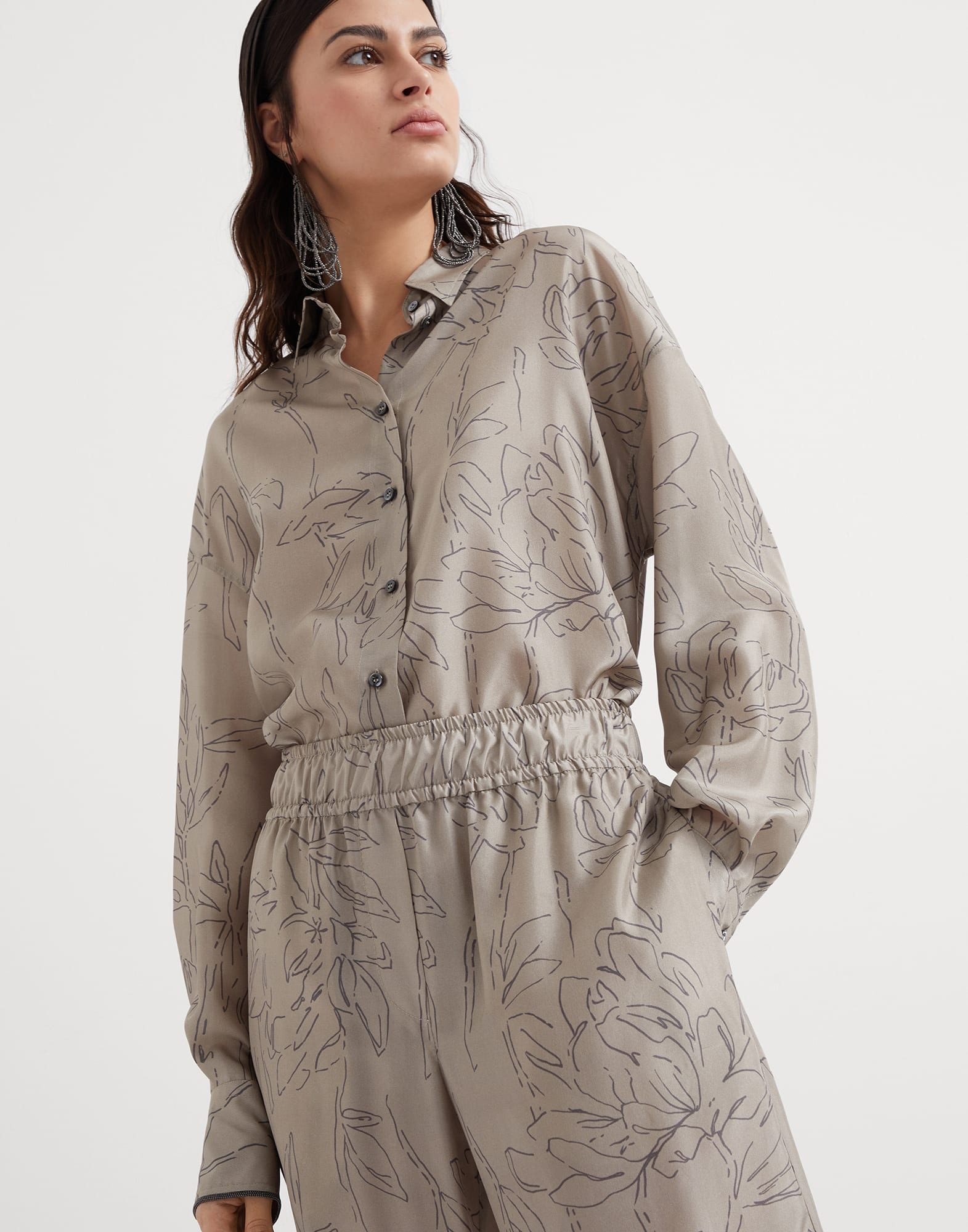Silk ginkgo print pongee loose pyjama trousers