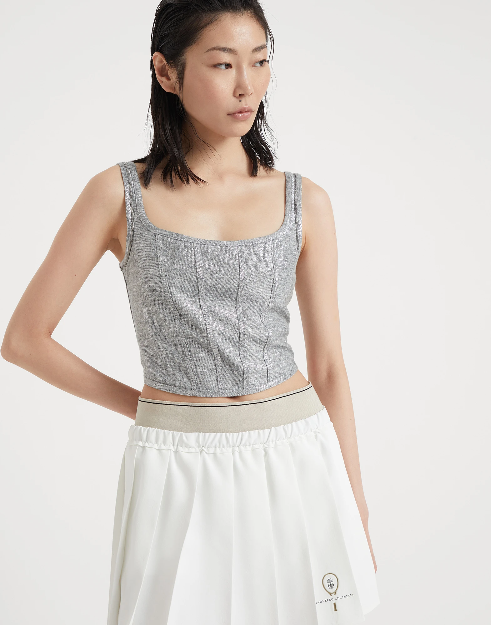 Linen and cotton sparkling jersey top with shiny trims