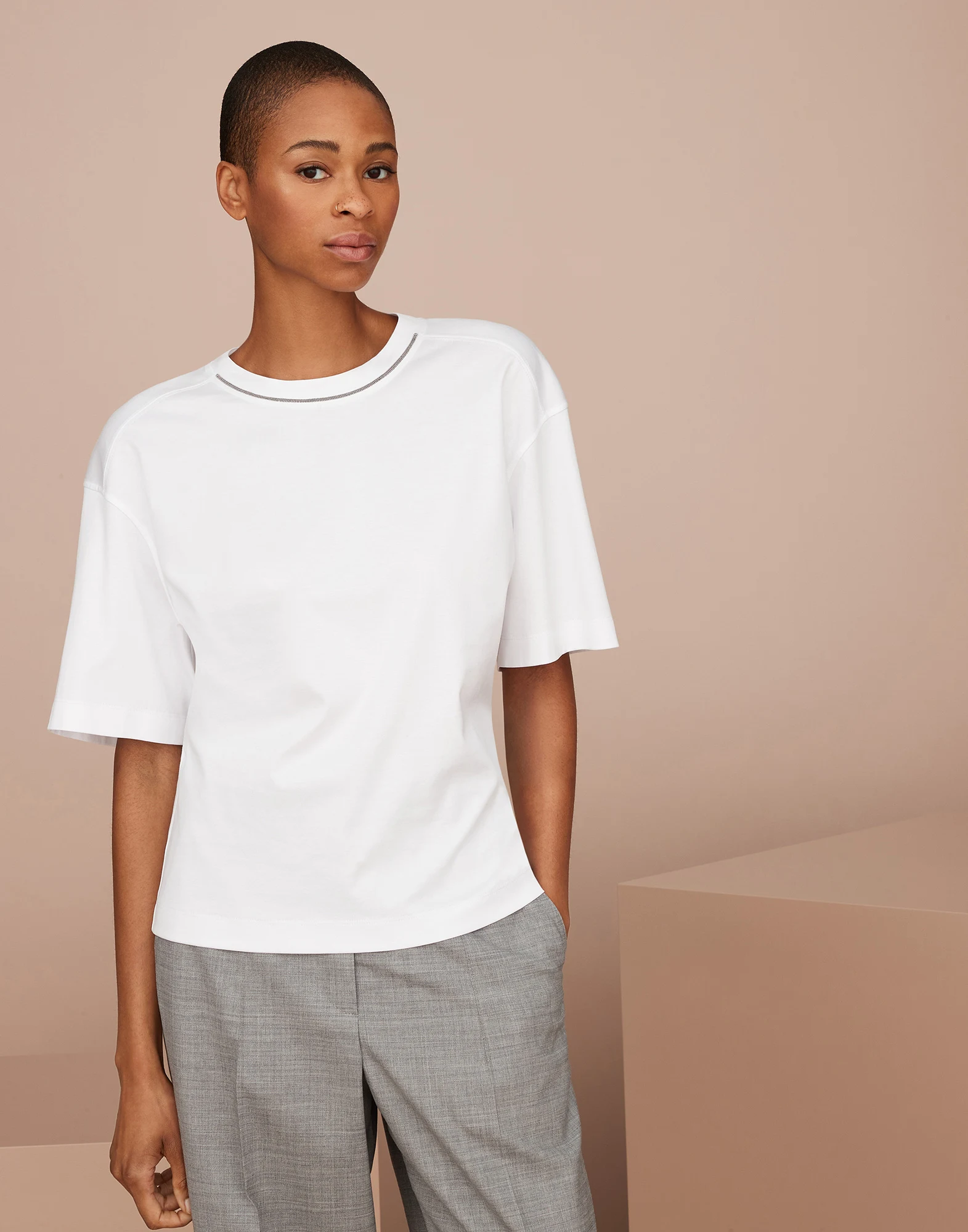 Cotton jersey T-shirt with padded shoulder and shiny neckline