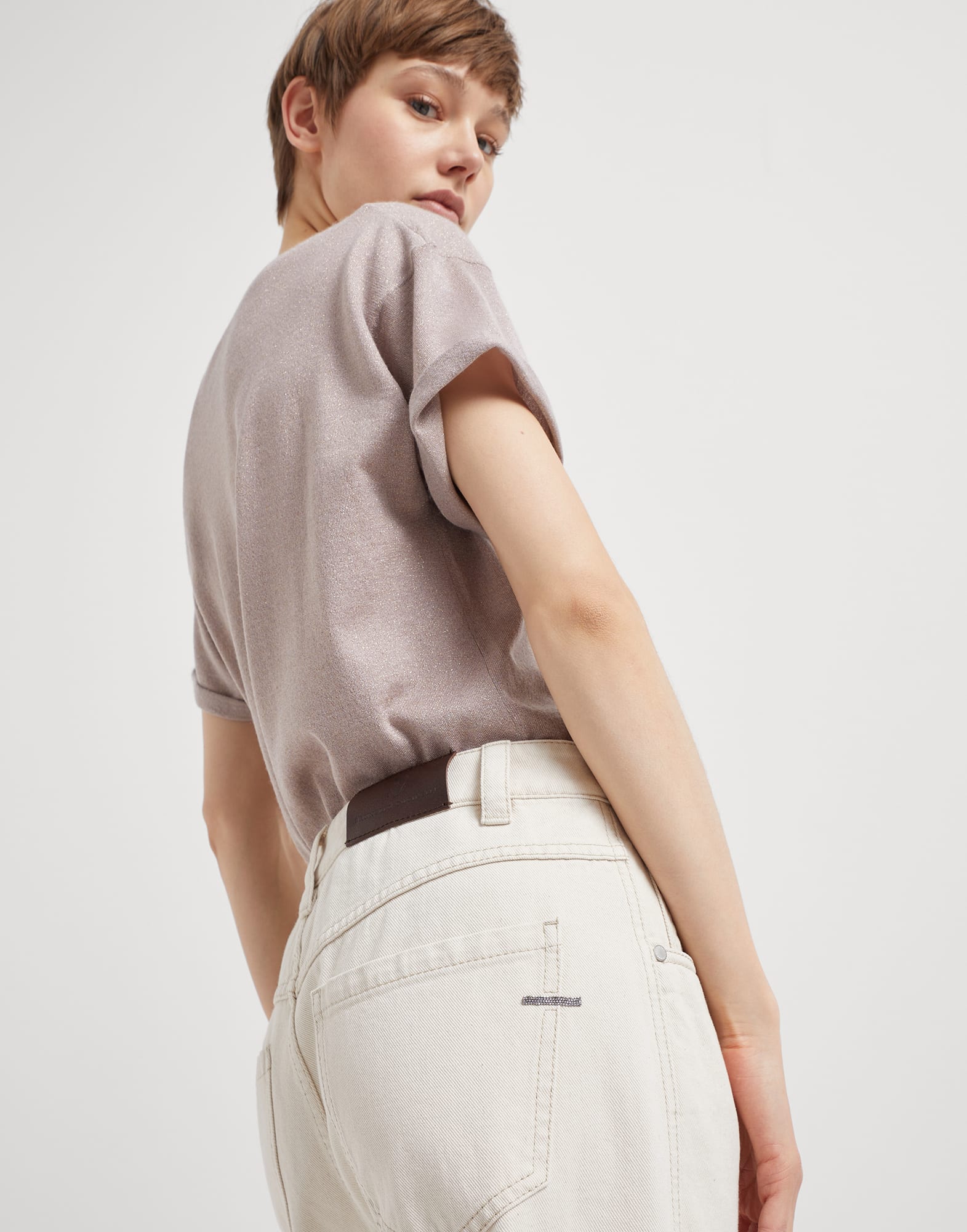 Stretch dyed denim straight trousers with shiny bartack