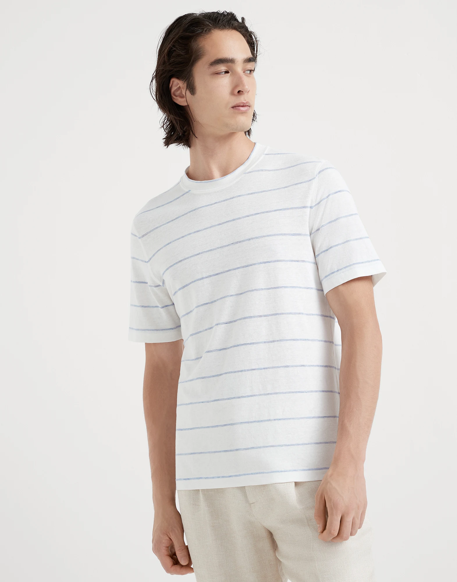 Linen and cotton striped jersey crew neck T-shirt