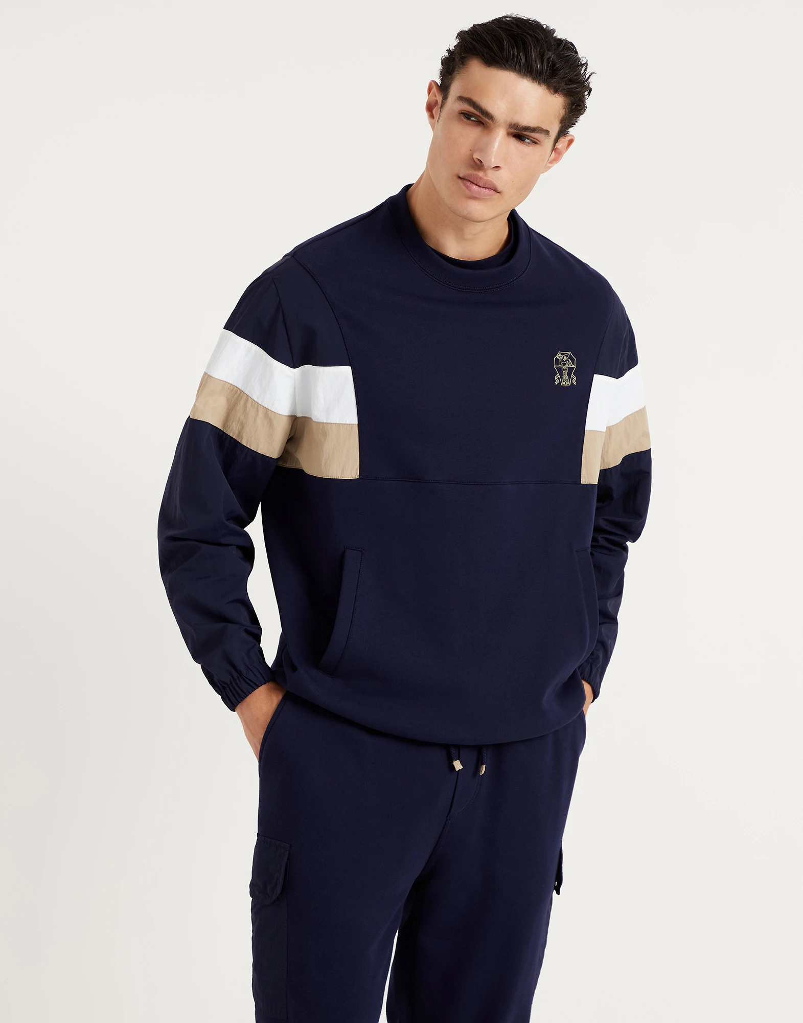 ?Techno cotton French terry sweatshirt with nylon sleeves