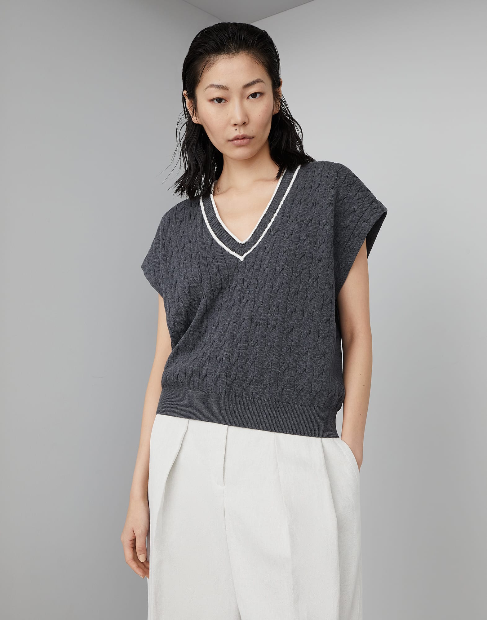 Cotton cable knit sweater with shiny contrast trims