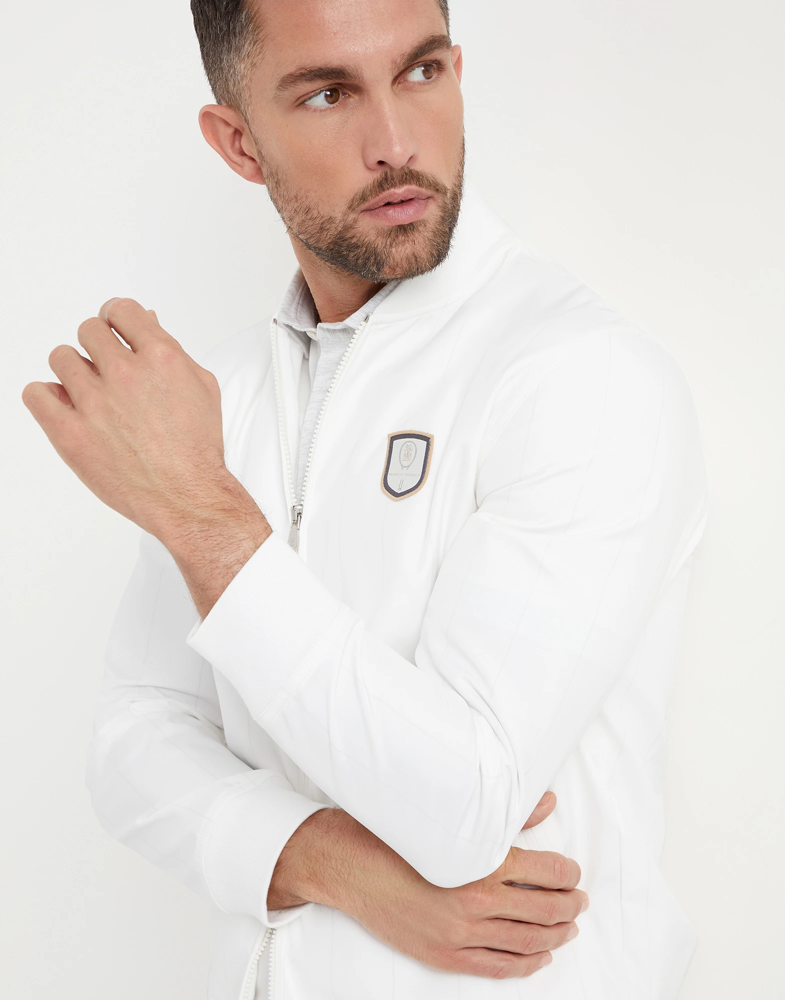 Chalk stripe nylon sweatshirt with zipper and tennis badge