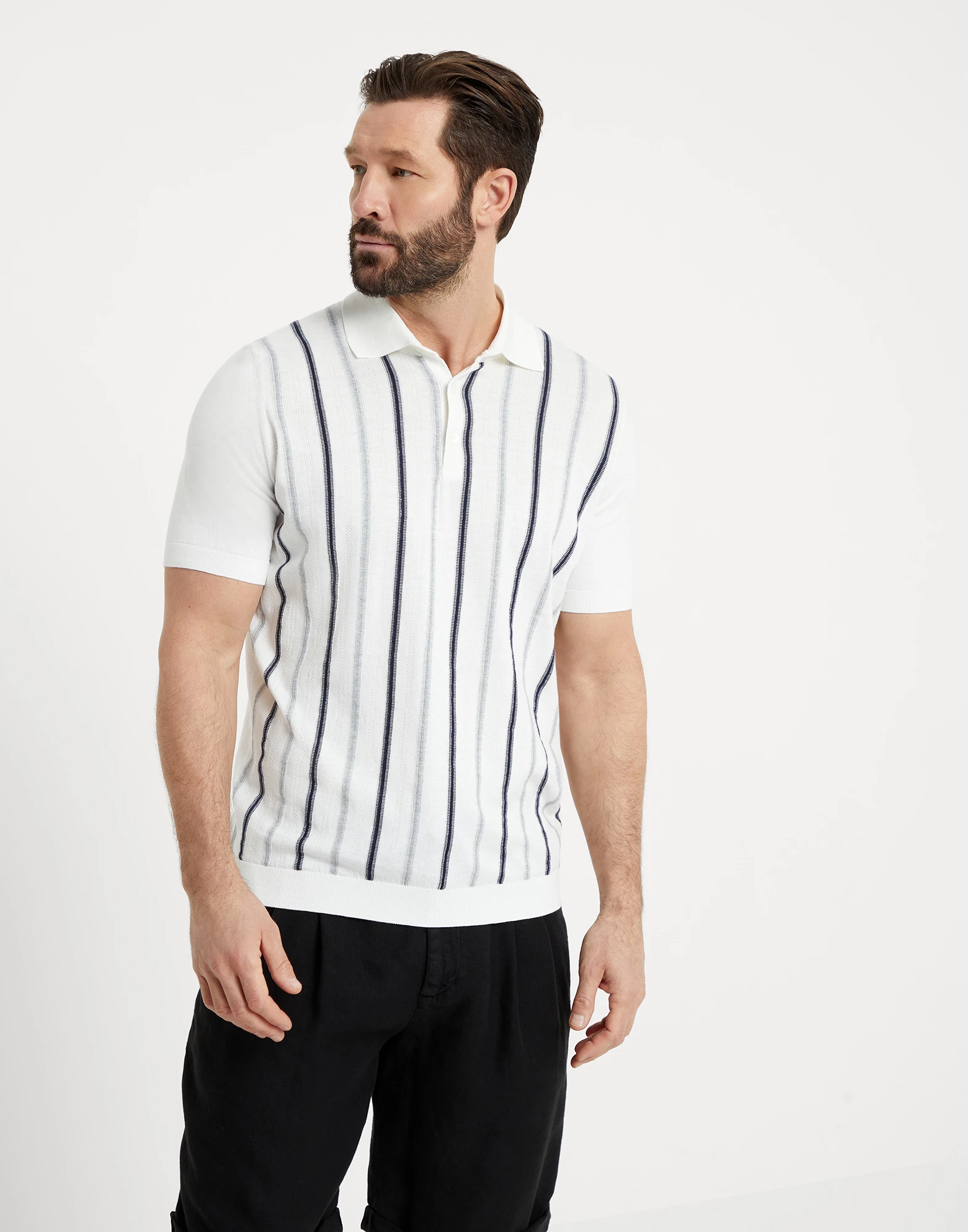Cotton knit lightweight polo with jacquard stripes