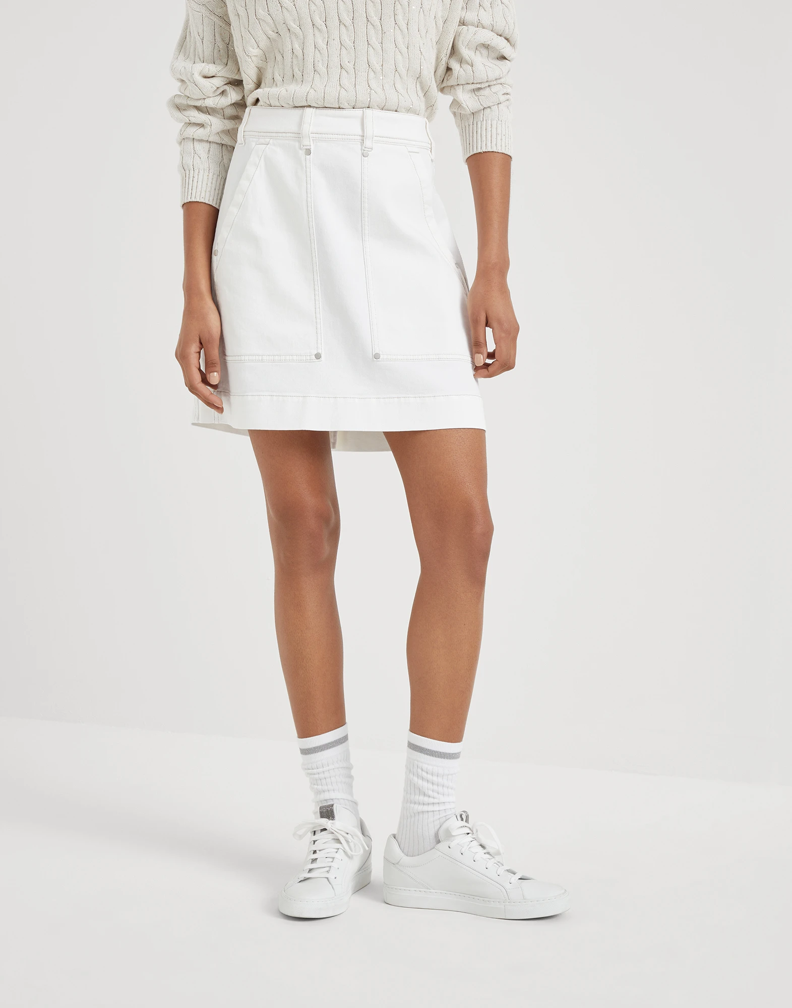 Garment-dyed comfort denim mini carpenter skirt with shiny tab