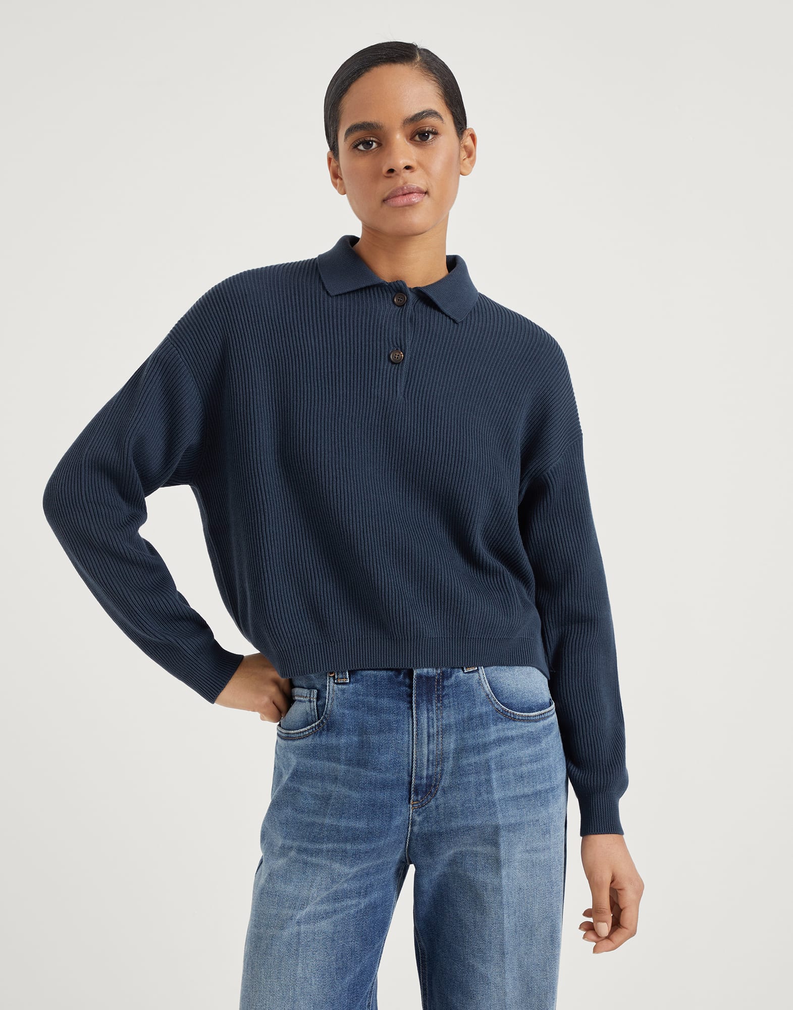 Cotton English rib polo-style sweater with monili