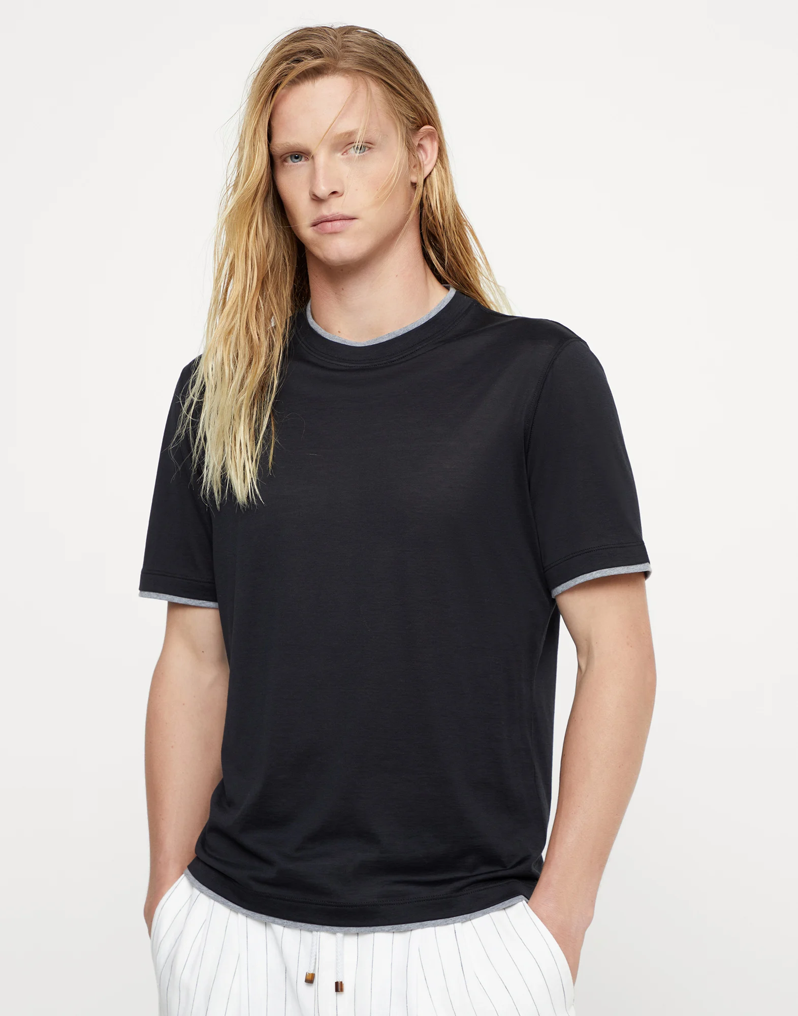 Silk and cotton jersey crew neck T-shirt with faux-layering
