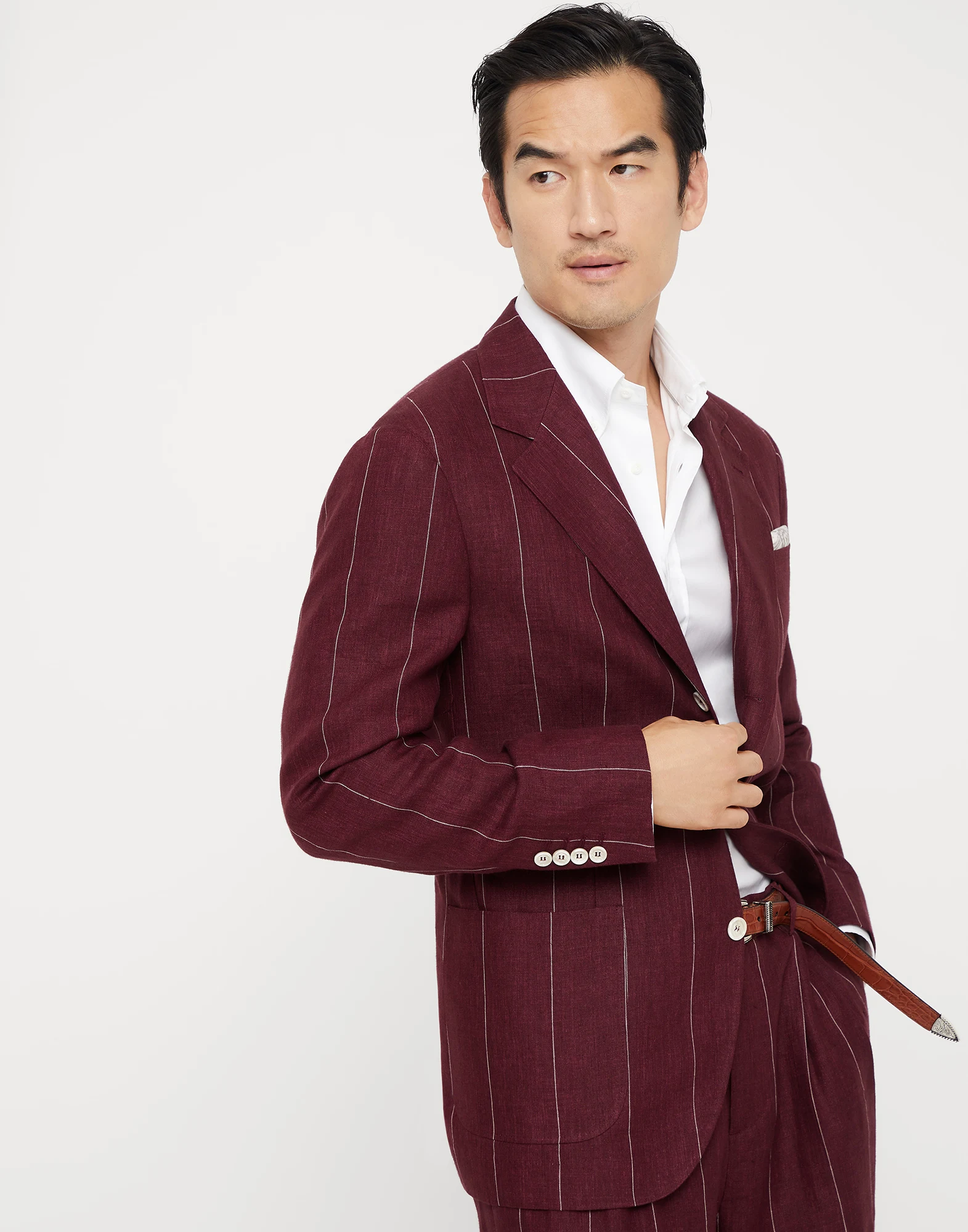 Linen wide chalk stripe deconstructed blazer with patch pockets