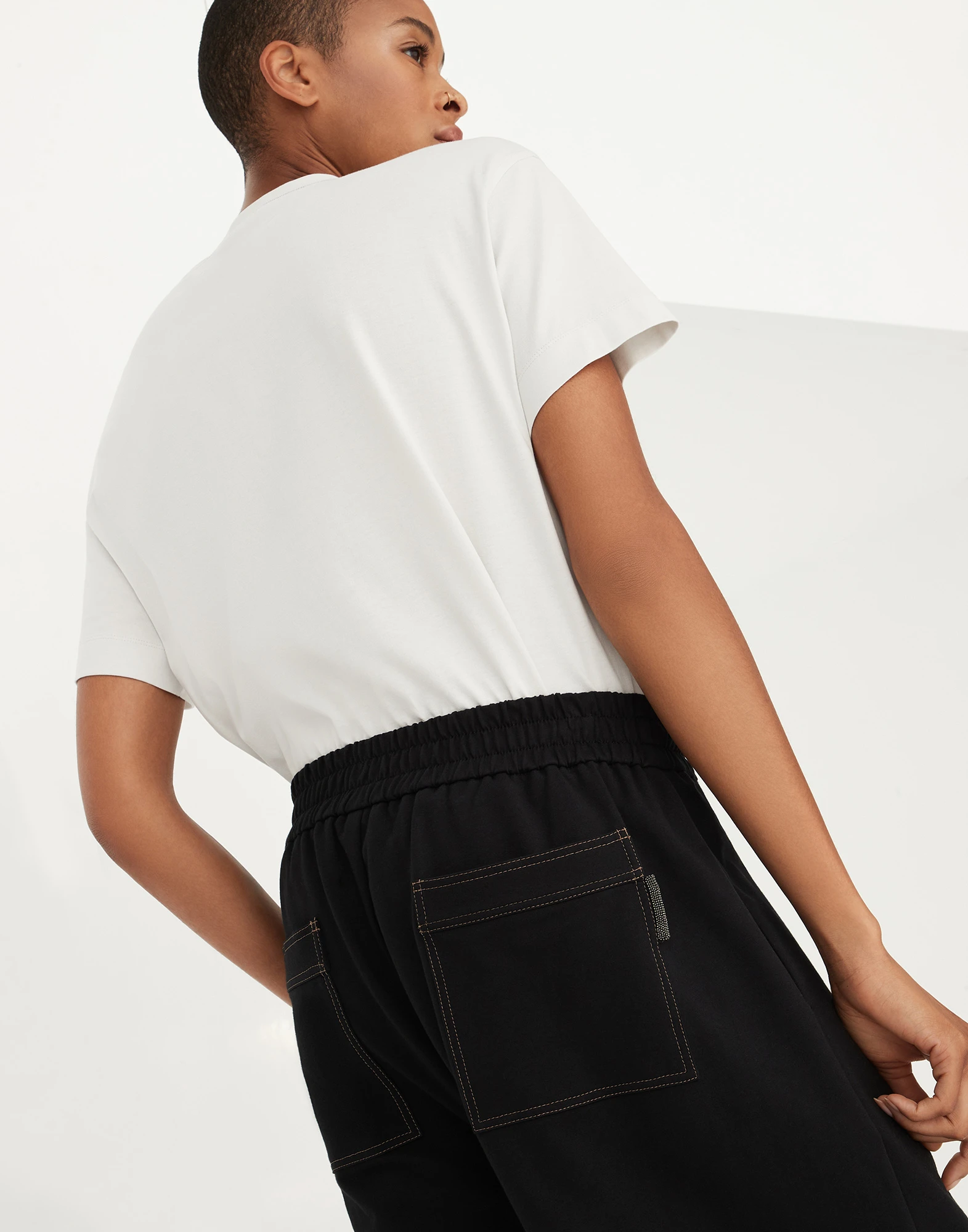 Stretch cotton lightweight French terry trousers with shiny tab