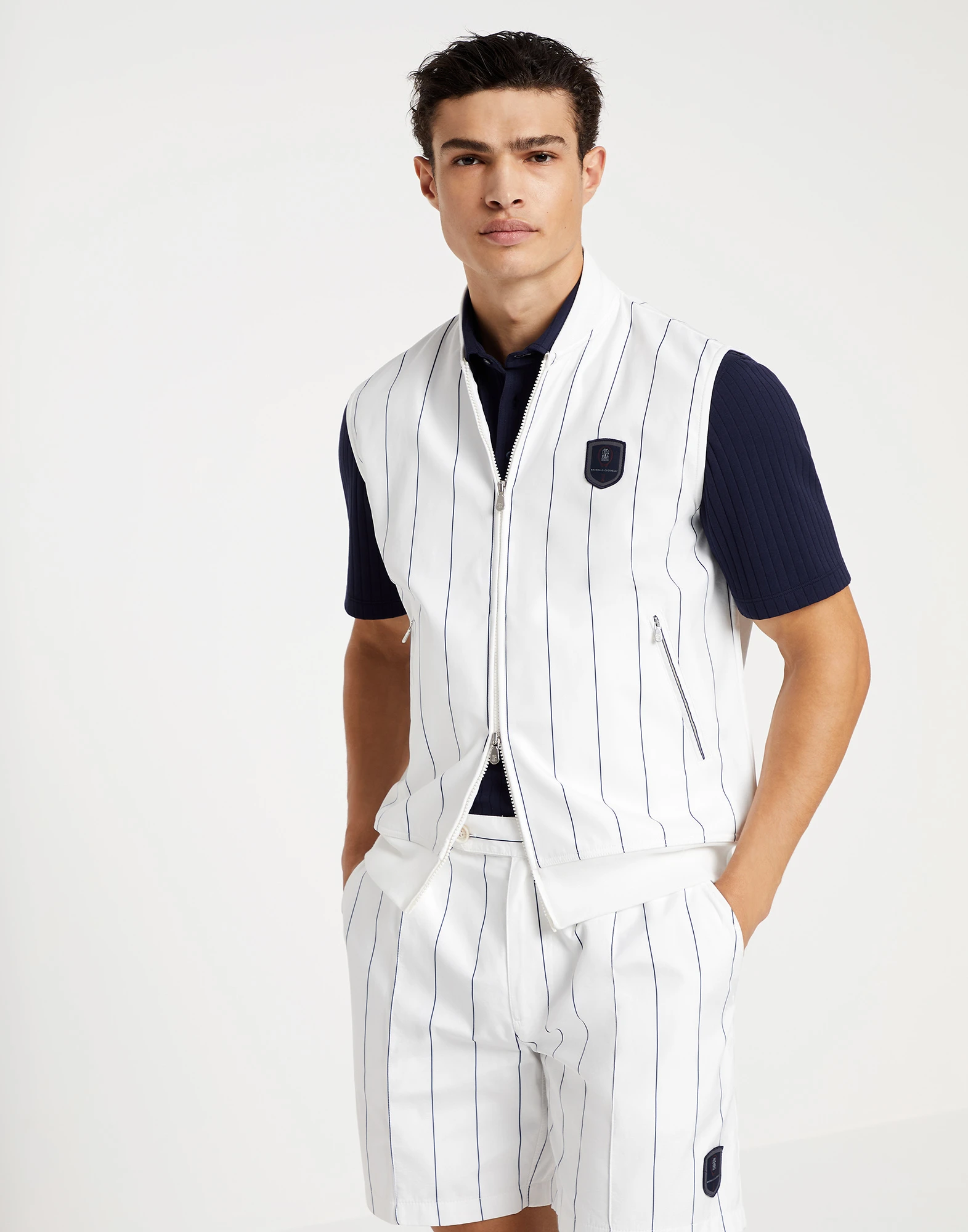 Chalk stripe nylon sleeveless sweatshirt with zipper and tennis badge