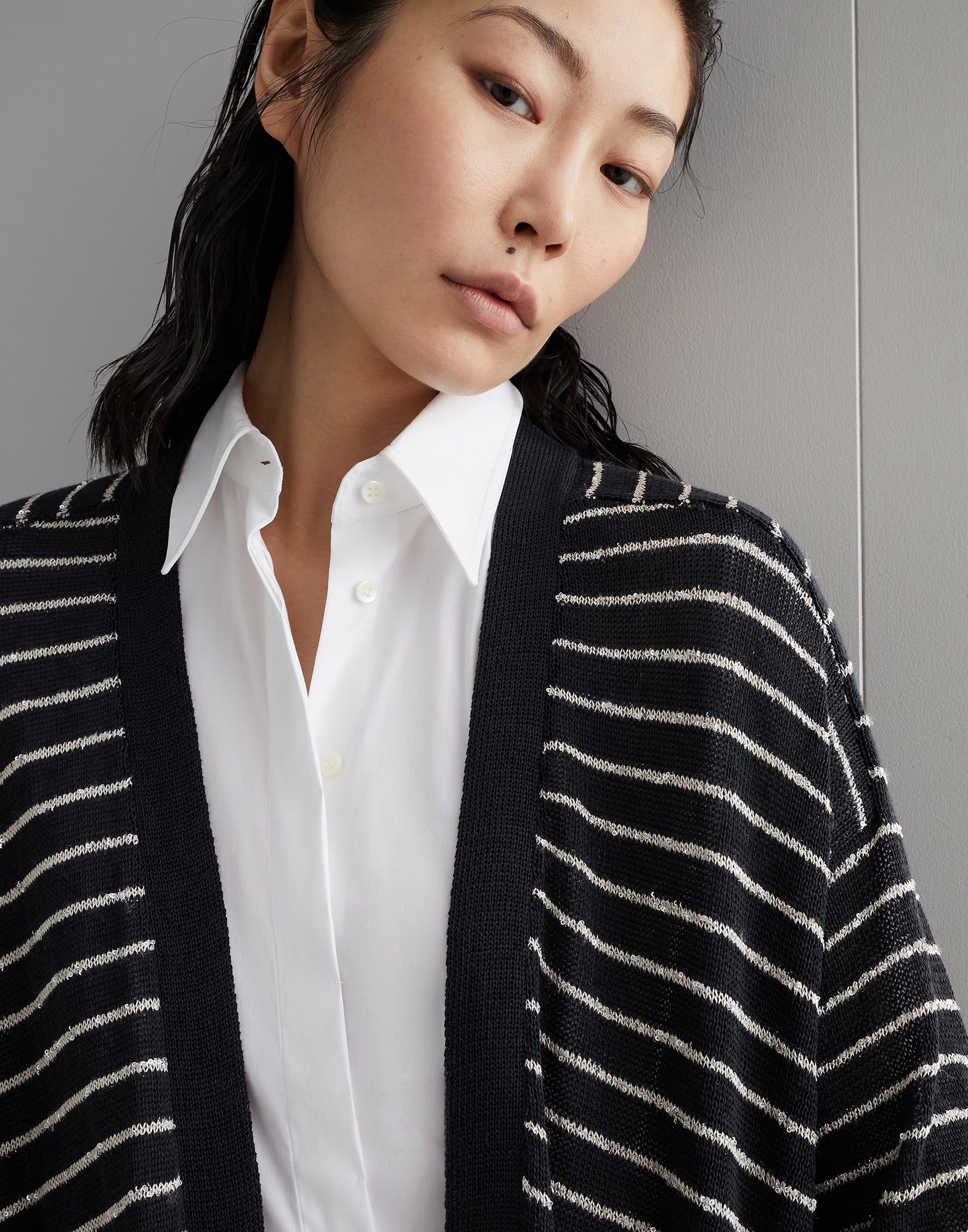 Cotton dazzling stripes long cardigan