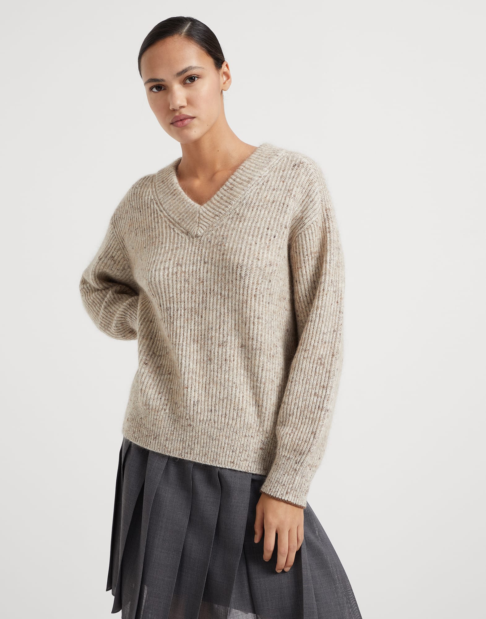 Flecked wool, mohair and linen English rib sweater with monili