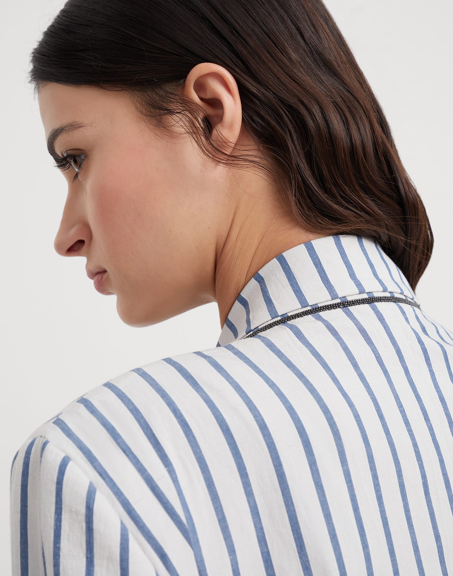 Striped cotton and linen wrinkled poplin blazer with monili