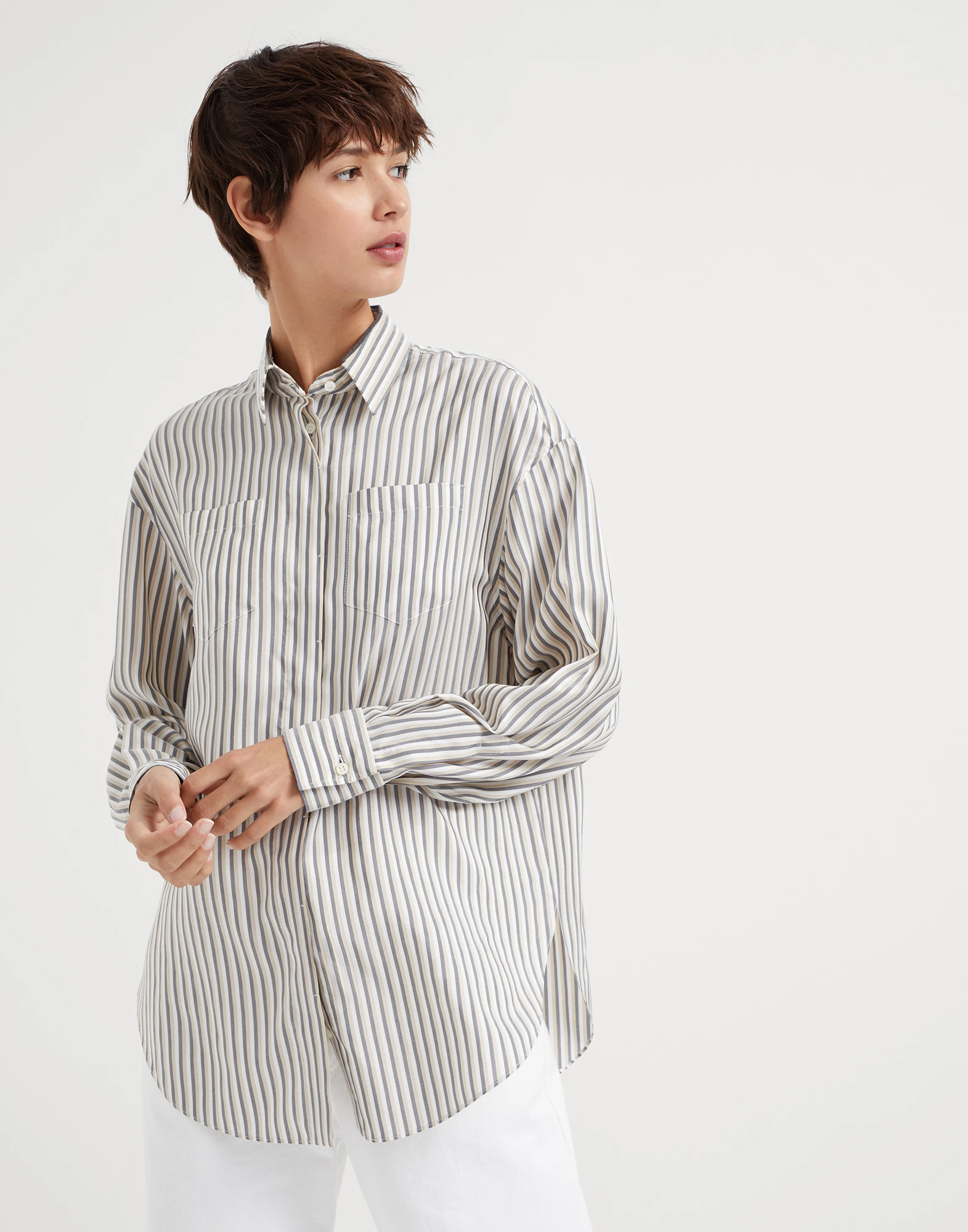 Silk striped poplin shirt with shiny collar