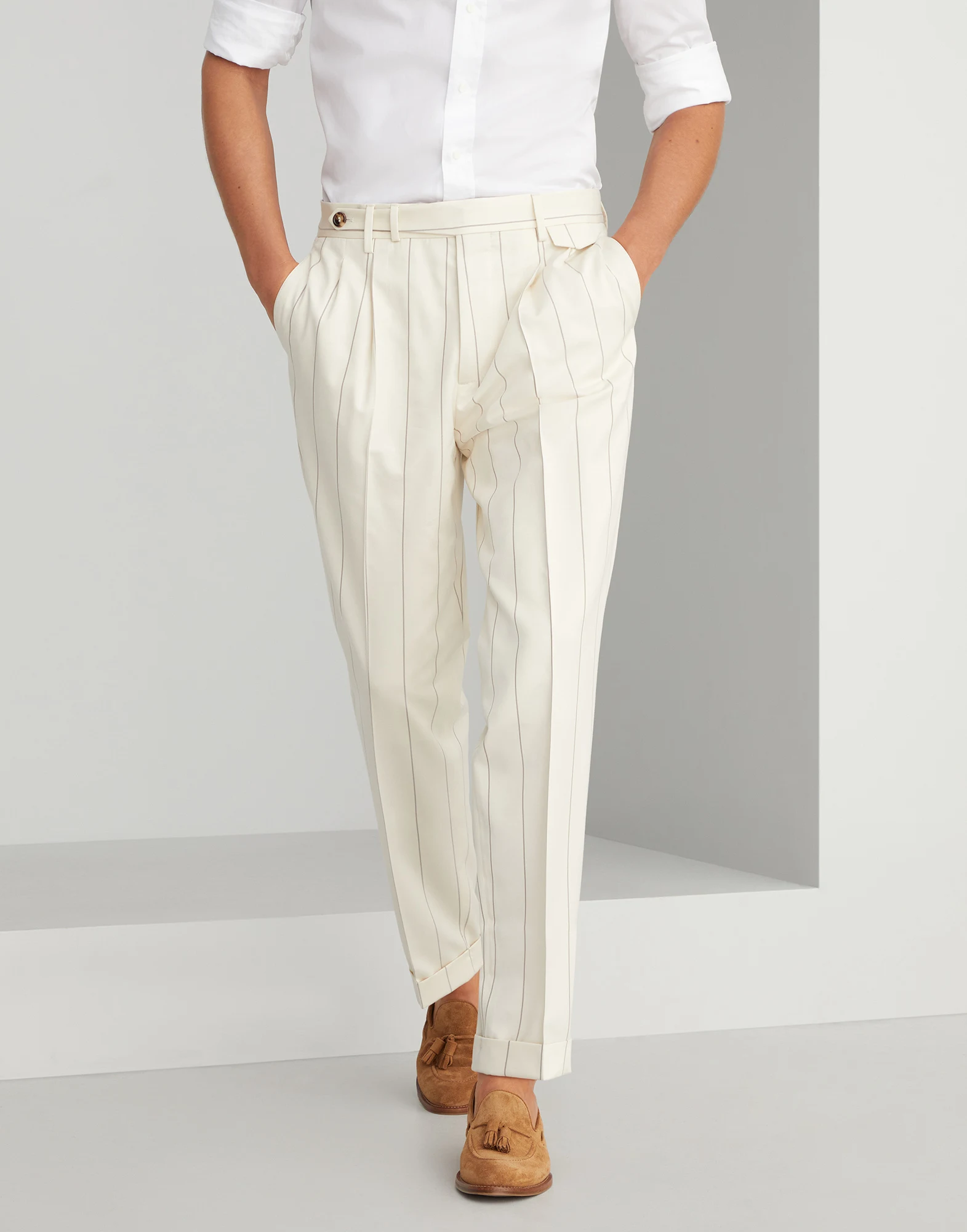 Wool and Sea Island cotton chalk stripe gabardine leisure fit double-pleated trousers with tabbed waistband
