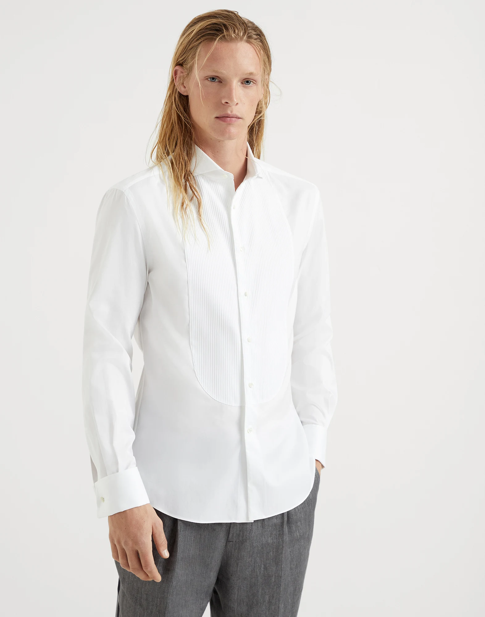Sea Island cotton twill slim fit tuxedo shirt with pleated bib, spread collar and French cuffs