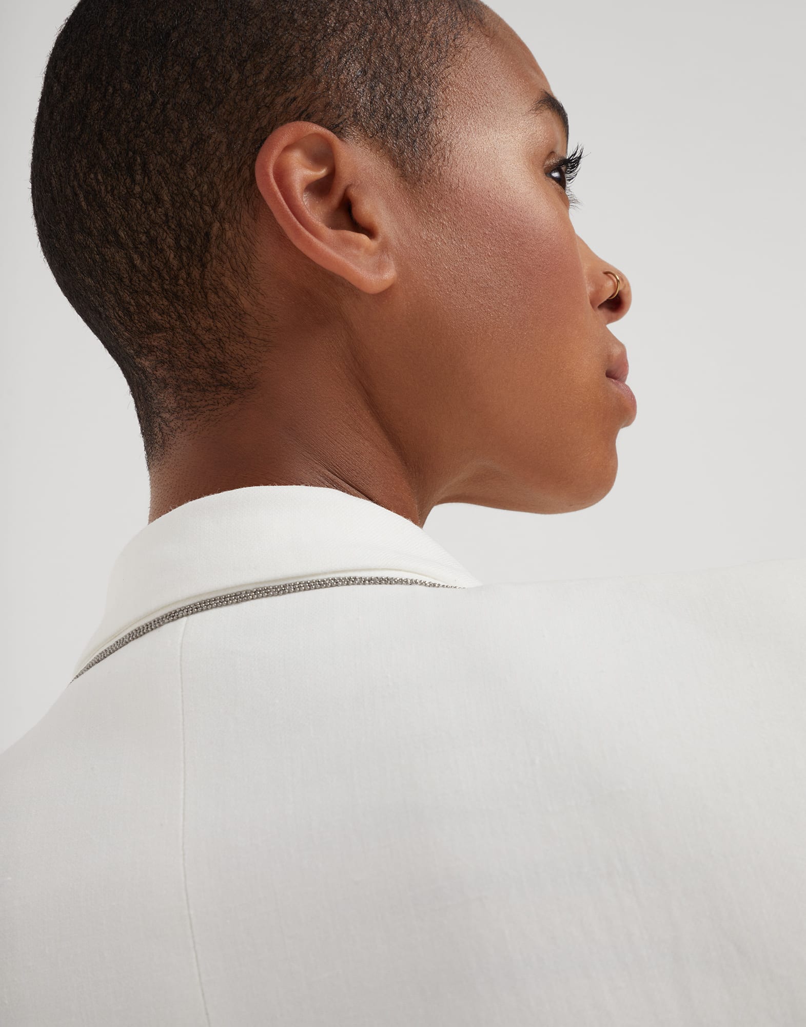 Viscose and linen fluid twill blazer with monili