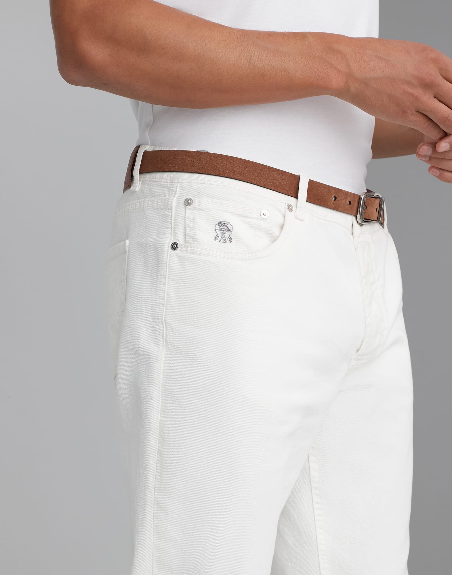 Garment-dyed comfort lightweight denim traditional fit five-pocket trousers