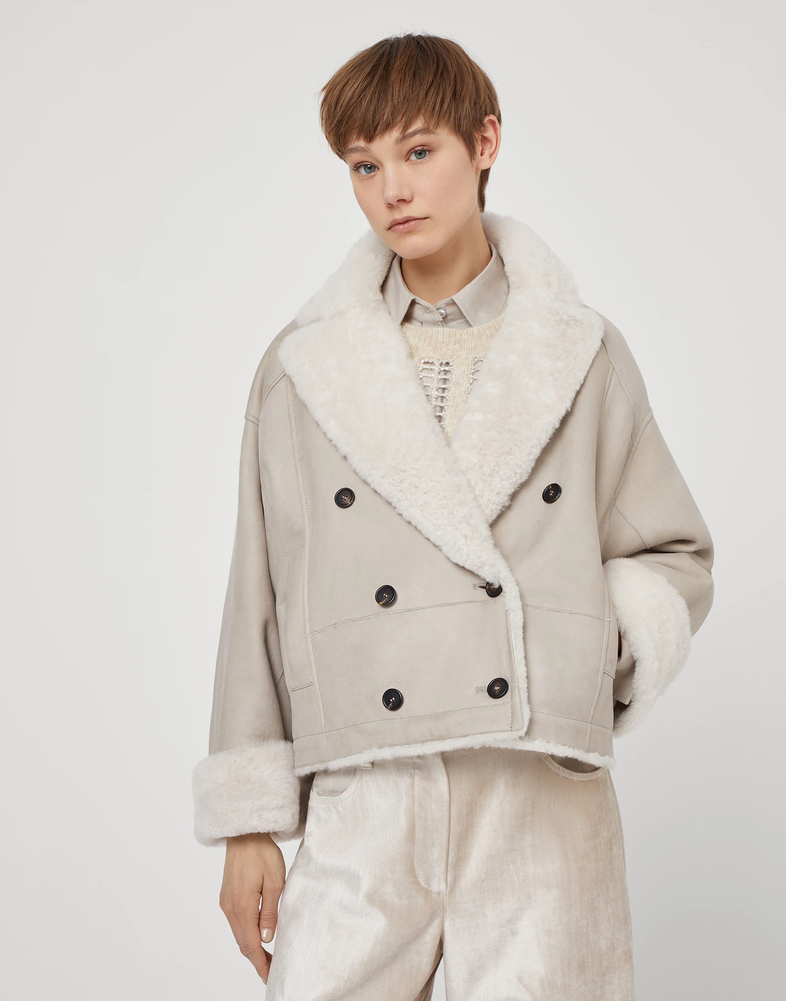 Fuzzy shearling reversible outerwear jacket with monili