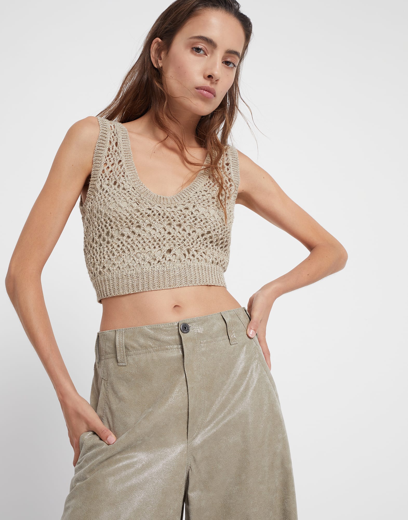 Wet-effect leather curved loose trousers
