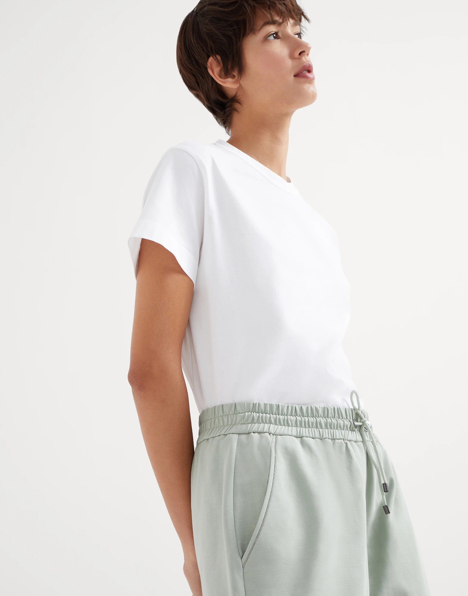 Stretch cotton lightweight French terry trousers with monili