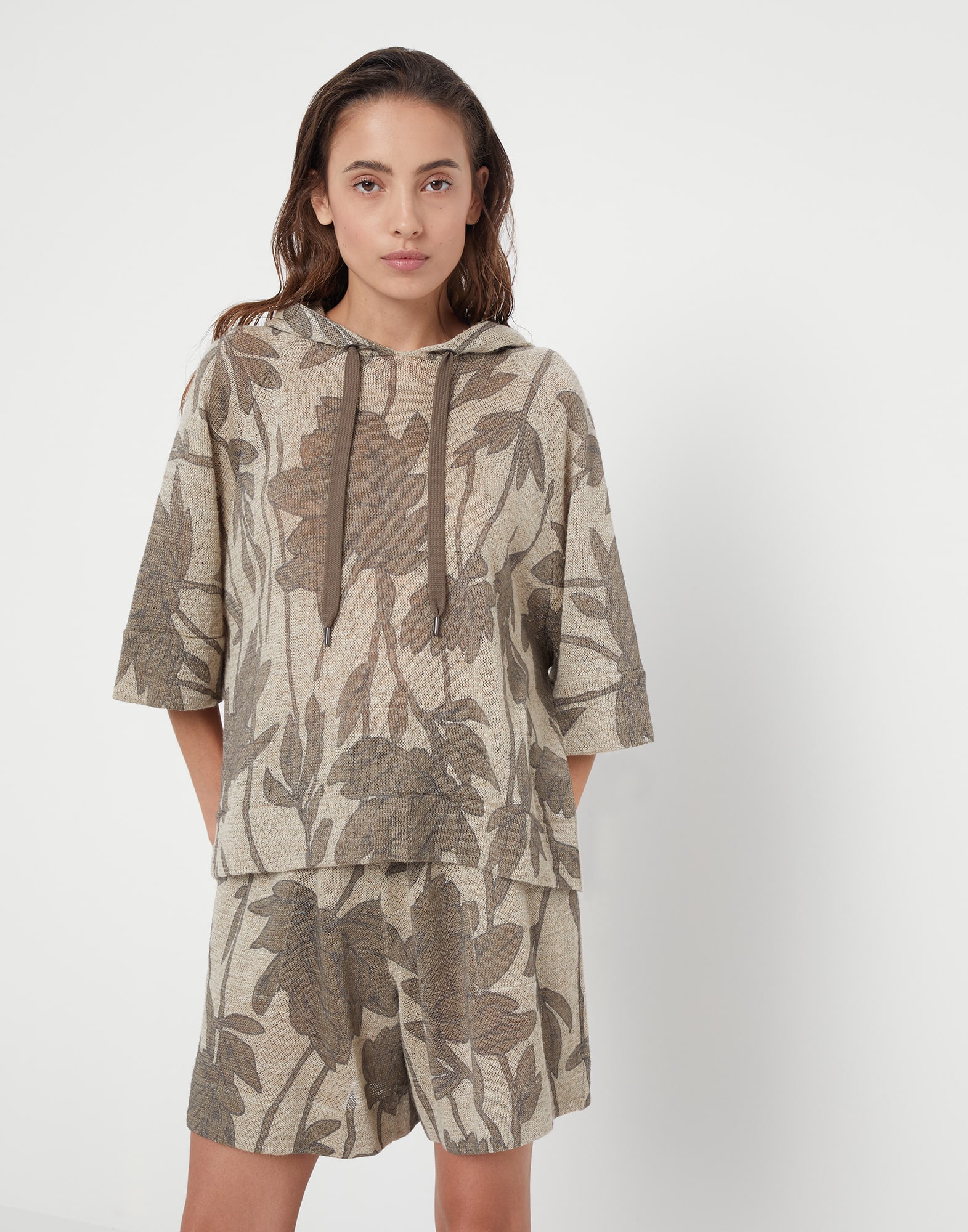 Magnolia print linen and silk hooded sweater with monili
