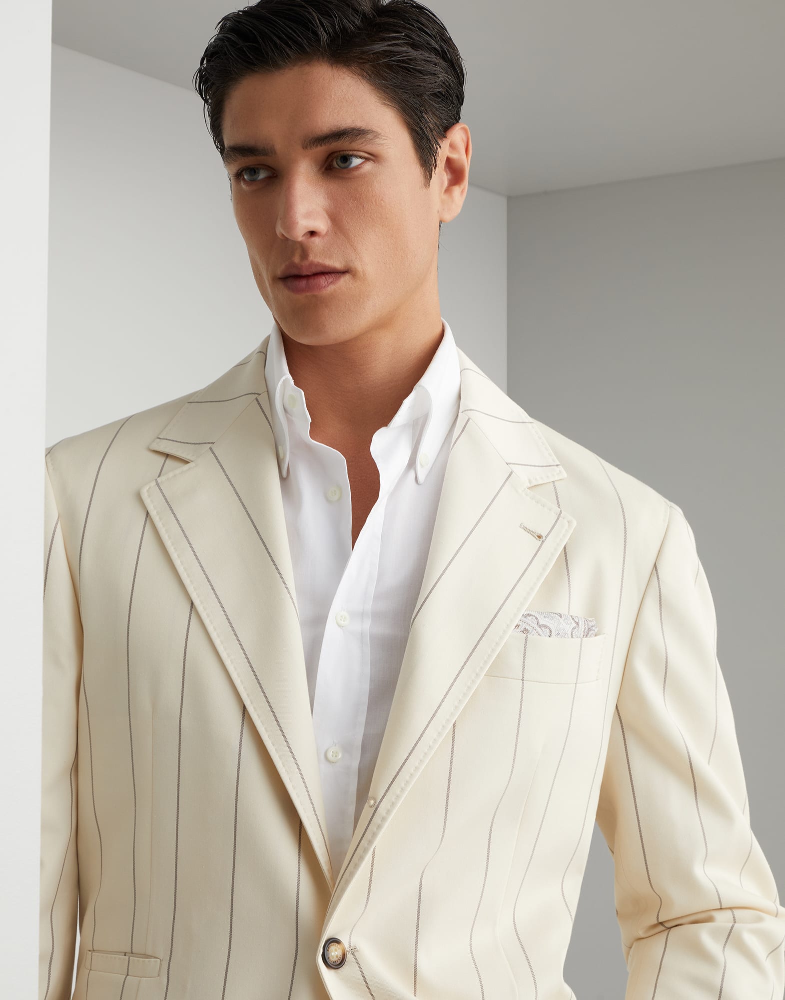 Wool and Sea Island cotton chalk stripe gabardine deconstructed blazer