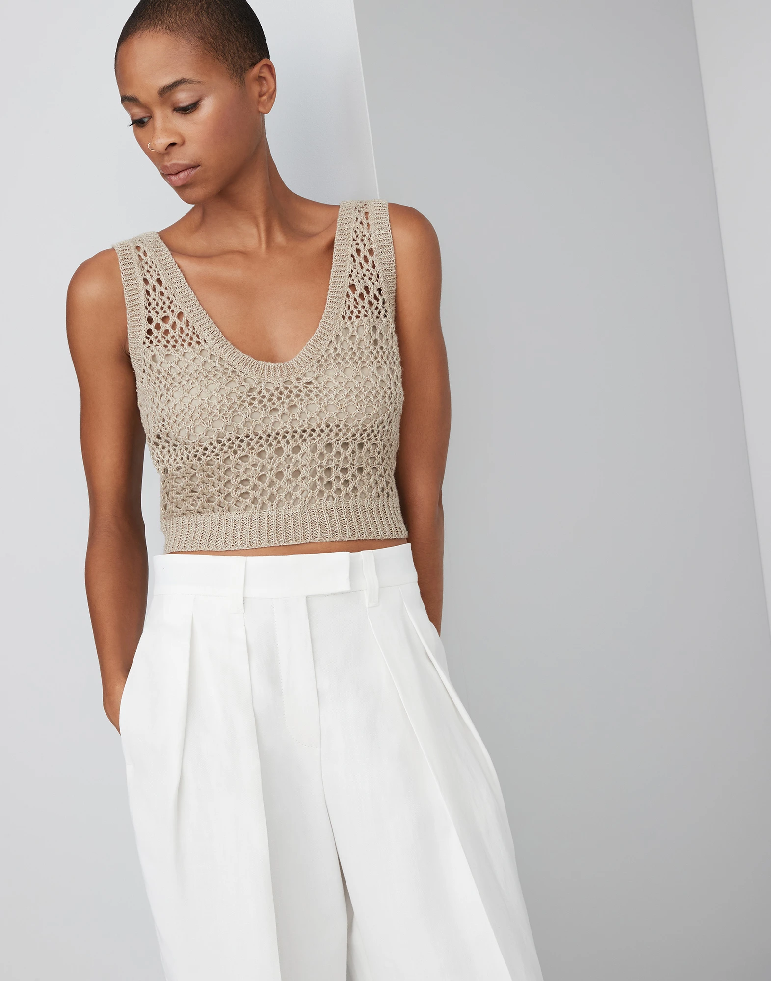Linen and silk net knit top