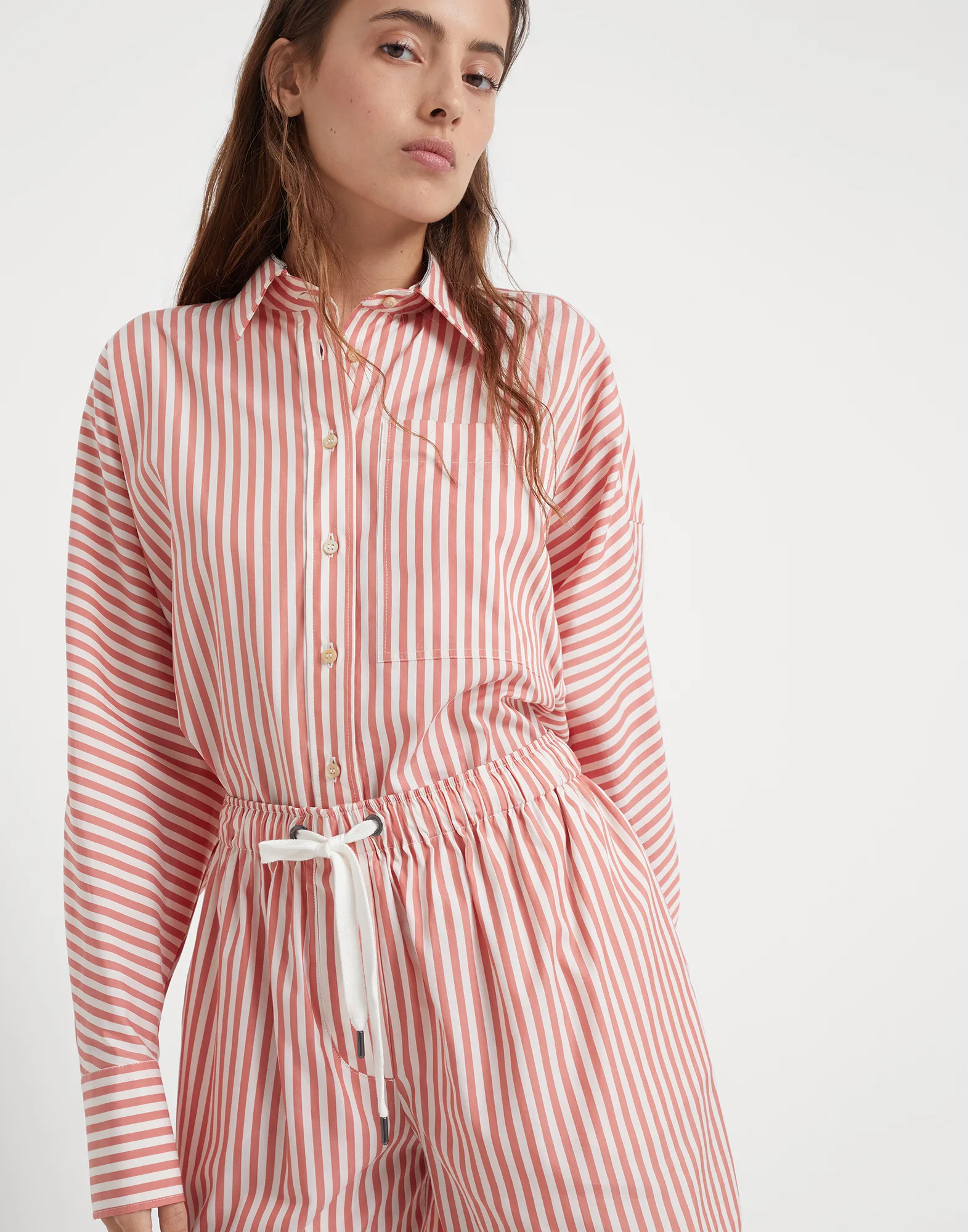 Cotton and silk striped poplin baggy shorts