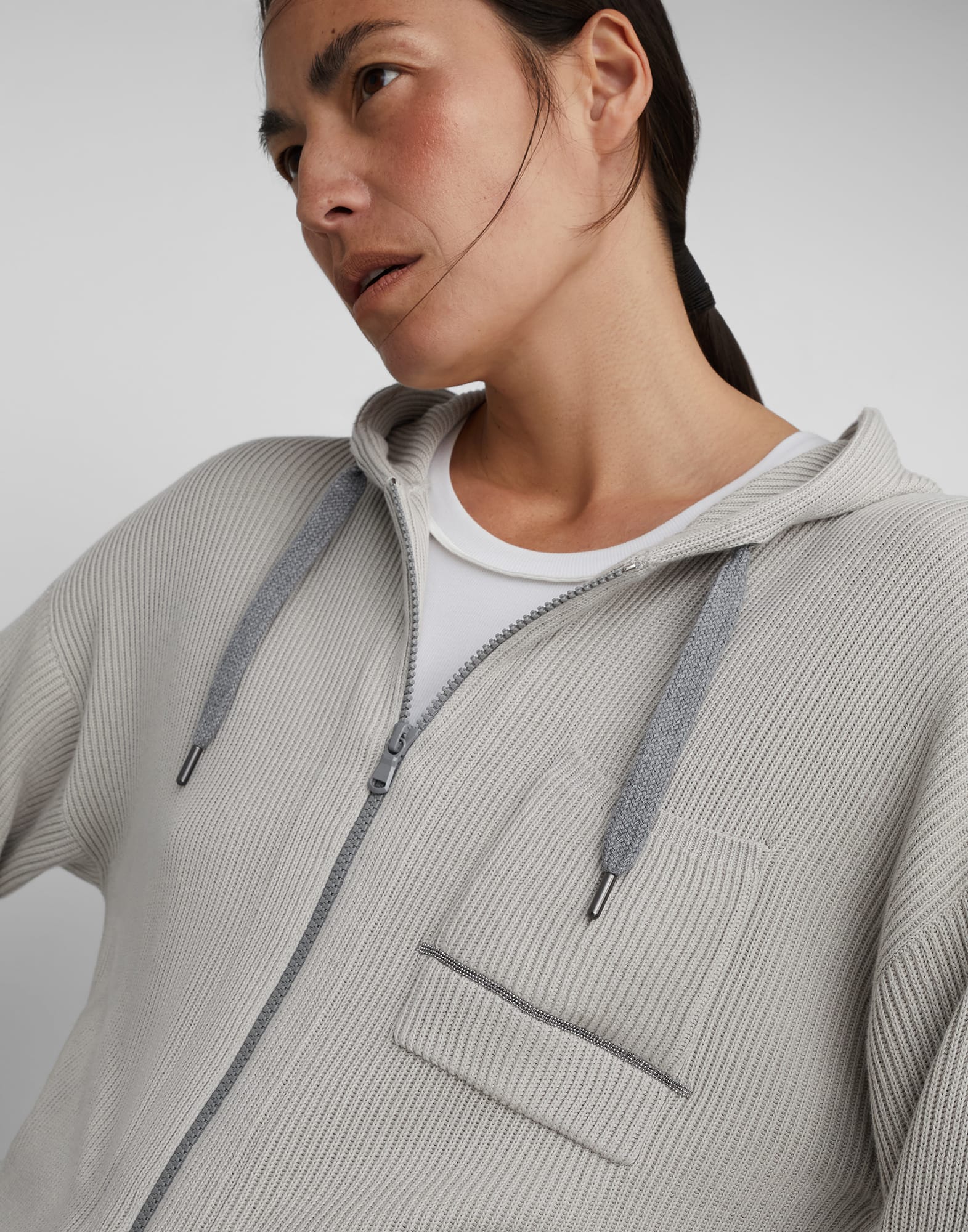 Cotton English rib hooded cardigan with shiny detail