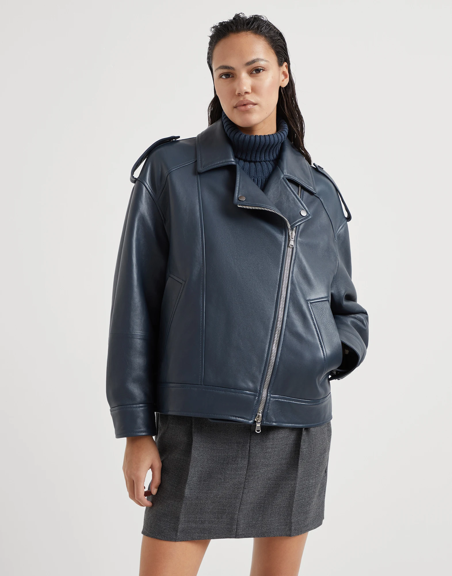 Nappa leather biker jacket with shiny details