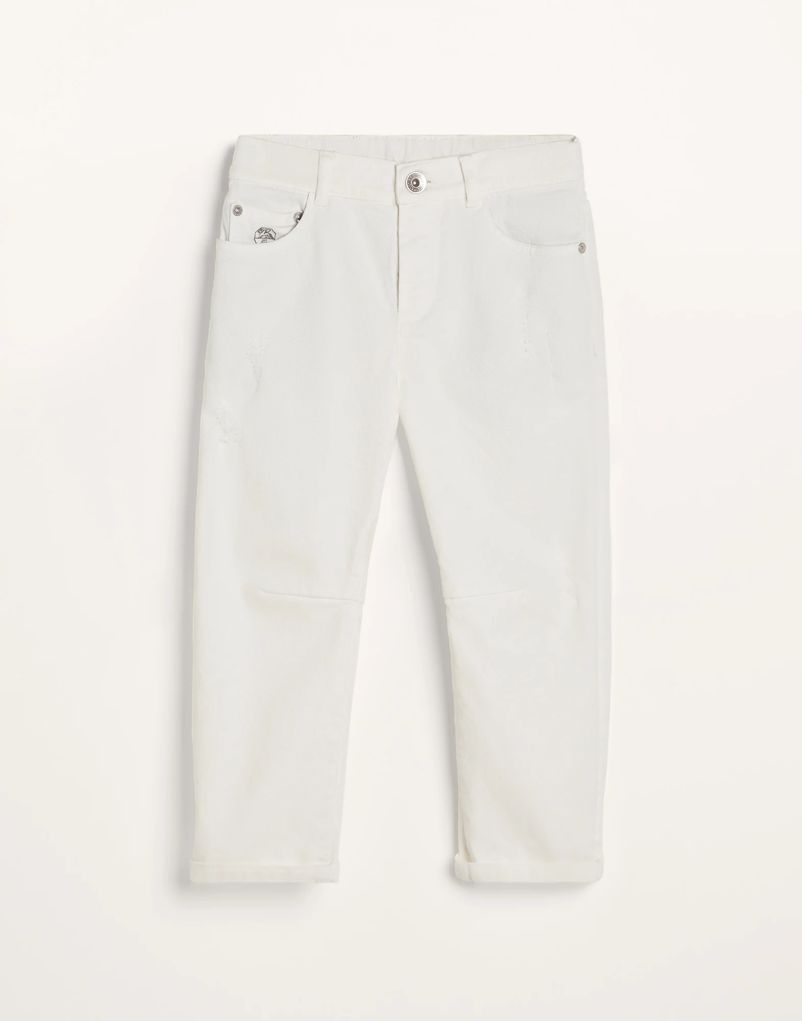 Garment-dyed five-pocket trousers in lightweight comfort cotton denim with rip details