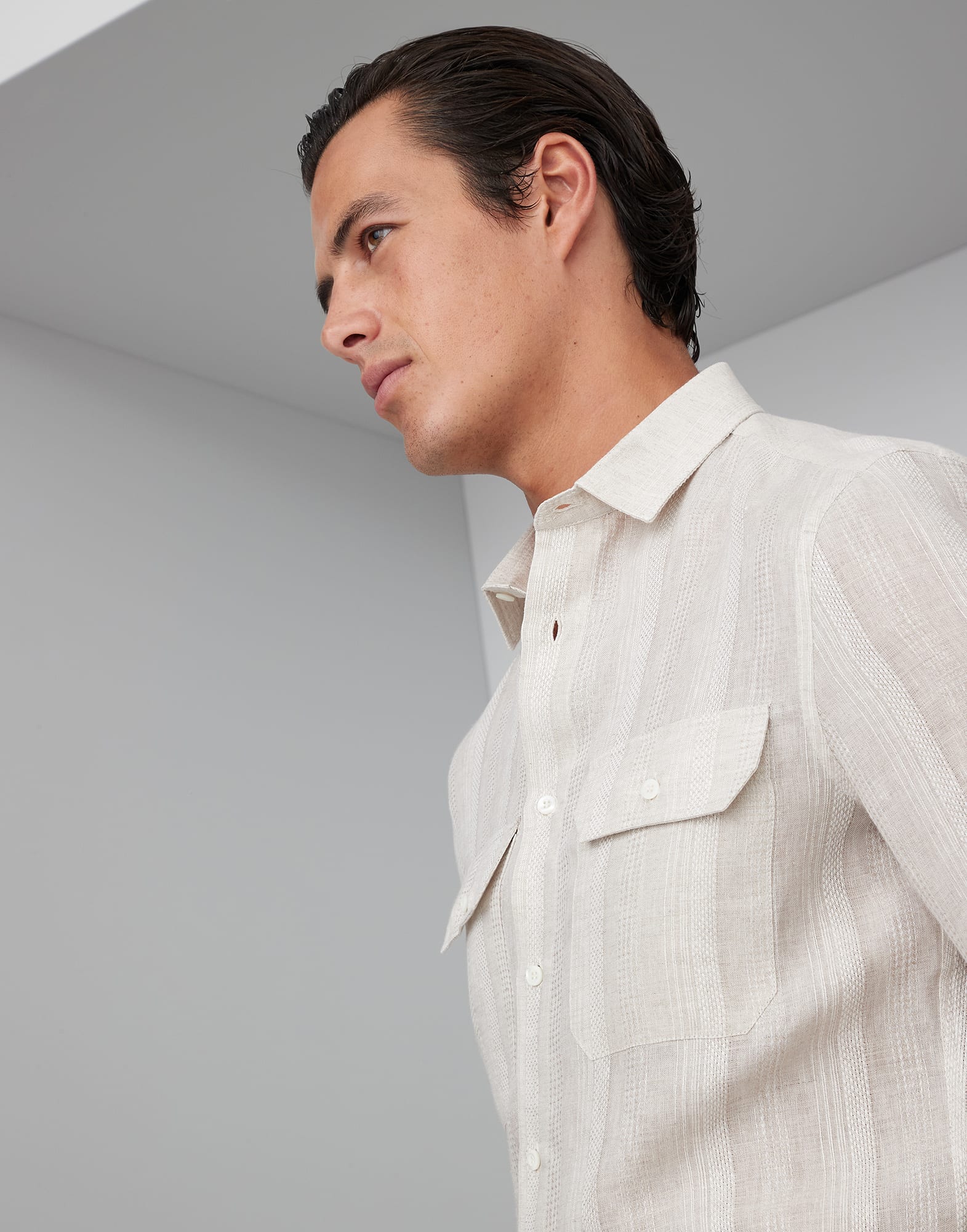 Fancy stripe linen easy fit shirt with chest pockets