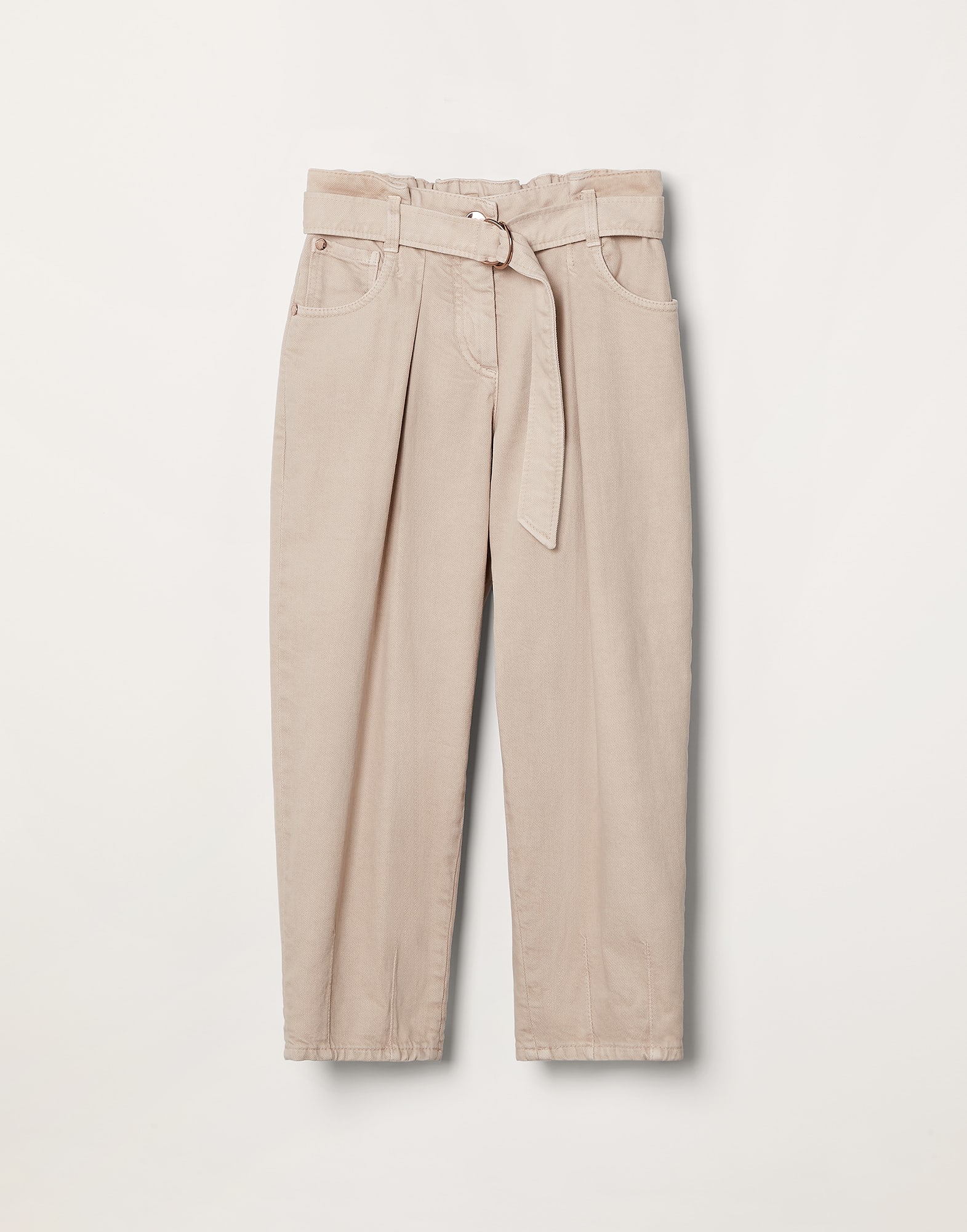 Dyed comfort soft denim baggy five-pocket trousers with belt and monili