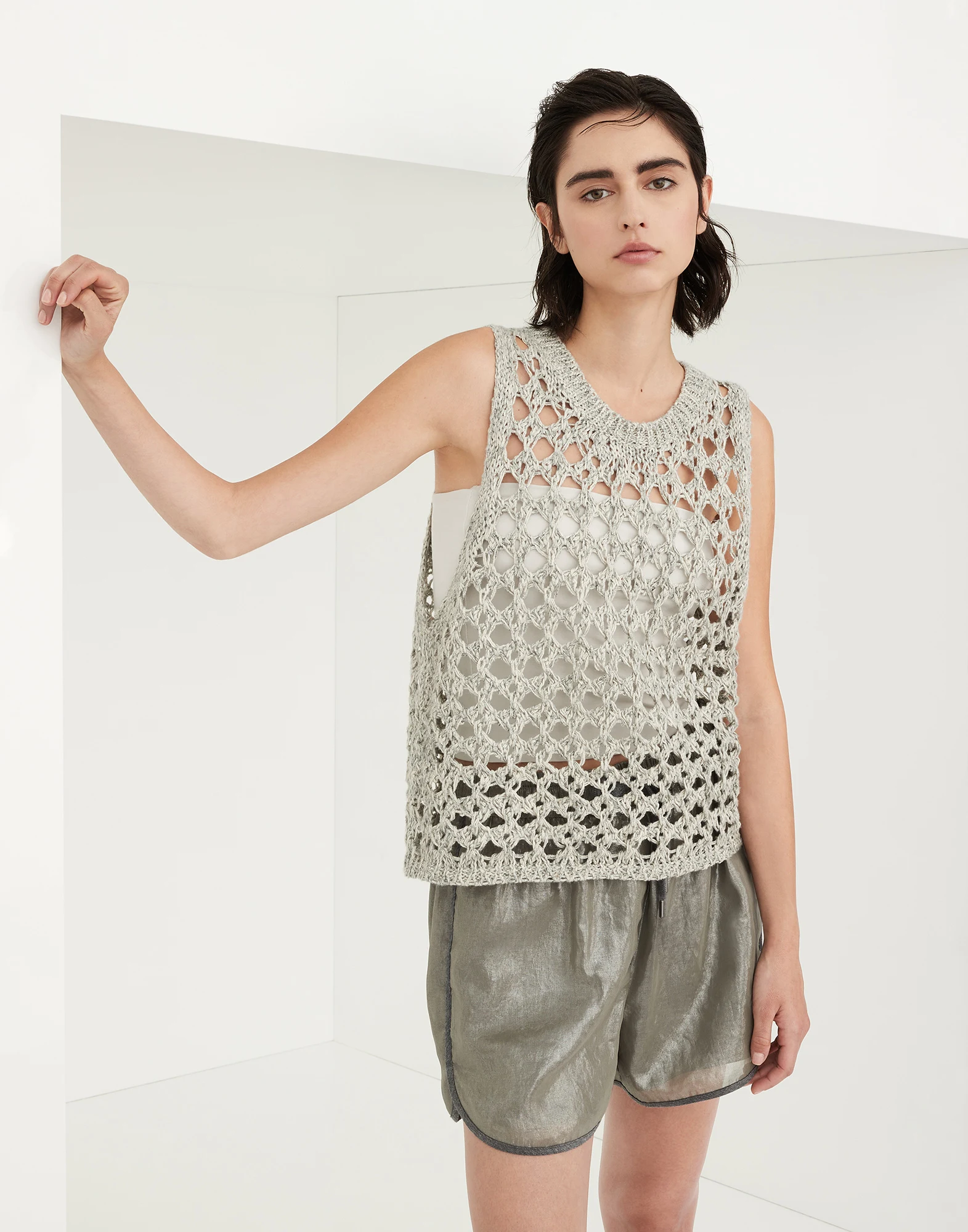 Jute and cotton mesh knit top