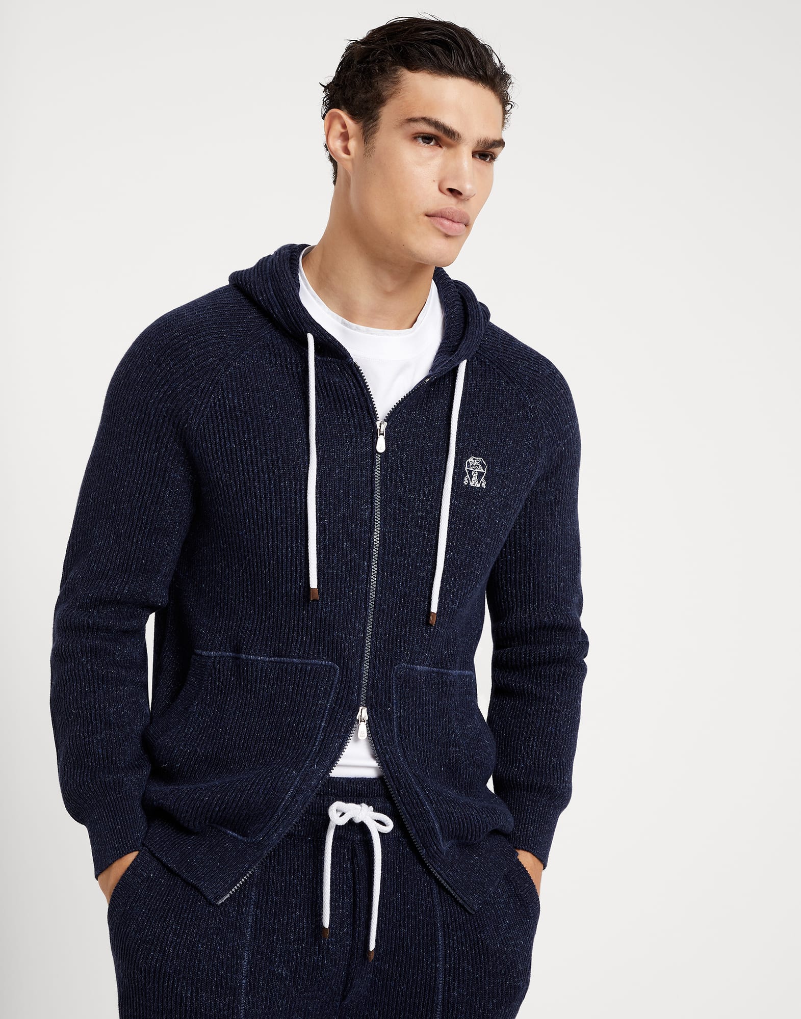 Cotton and linen English rib knit hooded sweatshirt with zipper