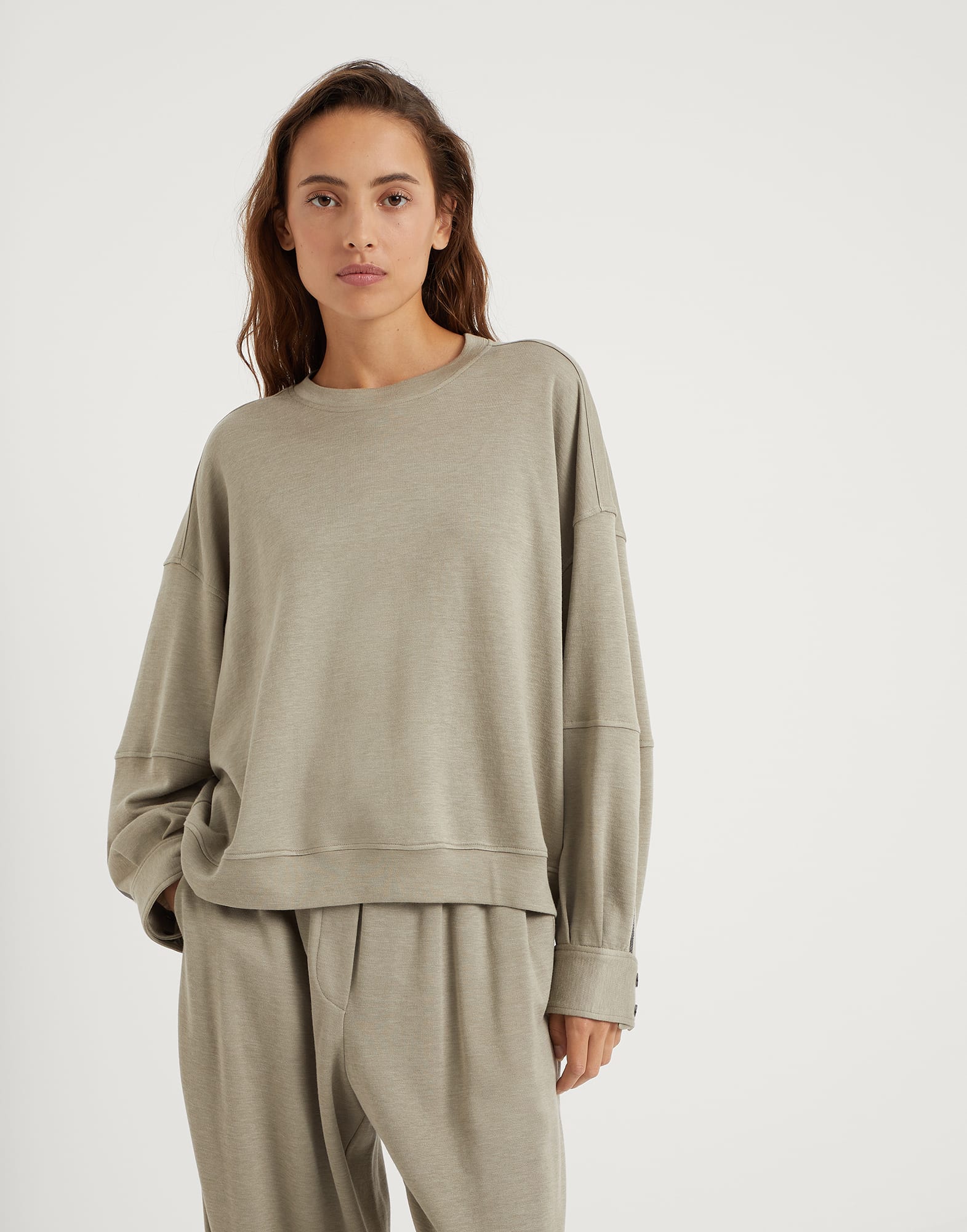 Cotton and silk interlock sweatshirt with shiny sleeve detail
