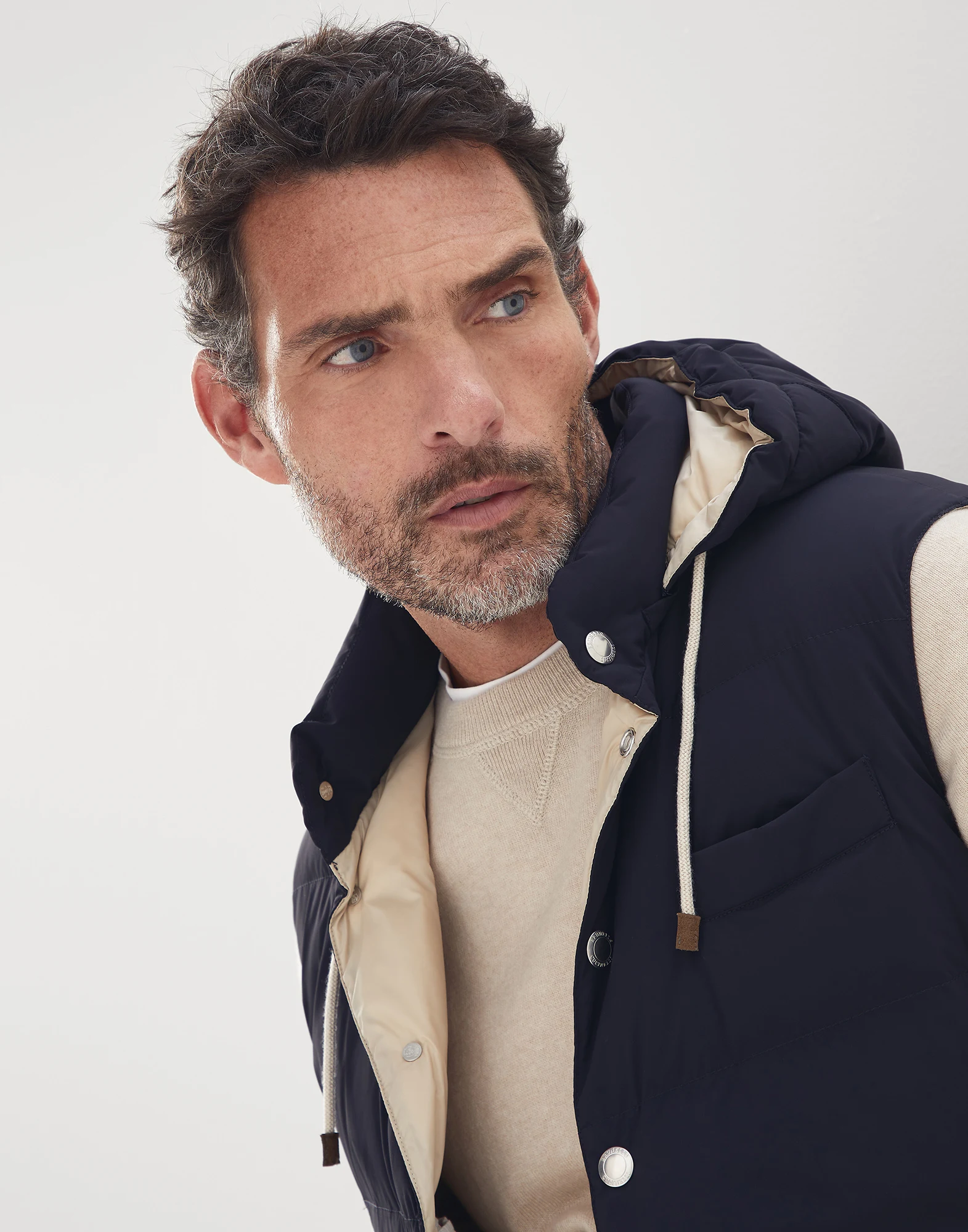 Bonded nylon down vest with detachable hood