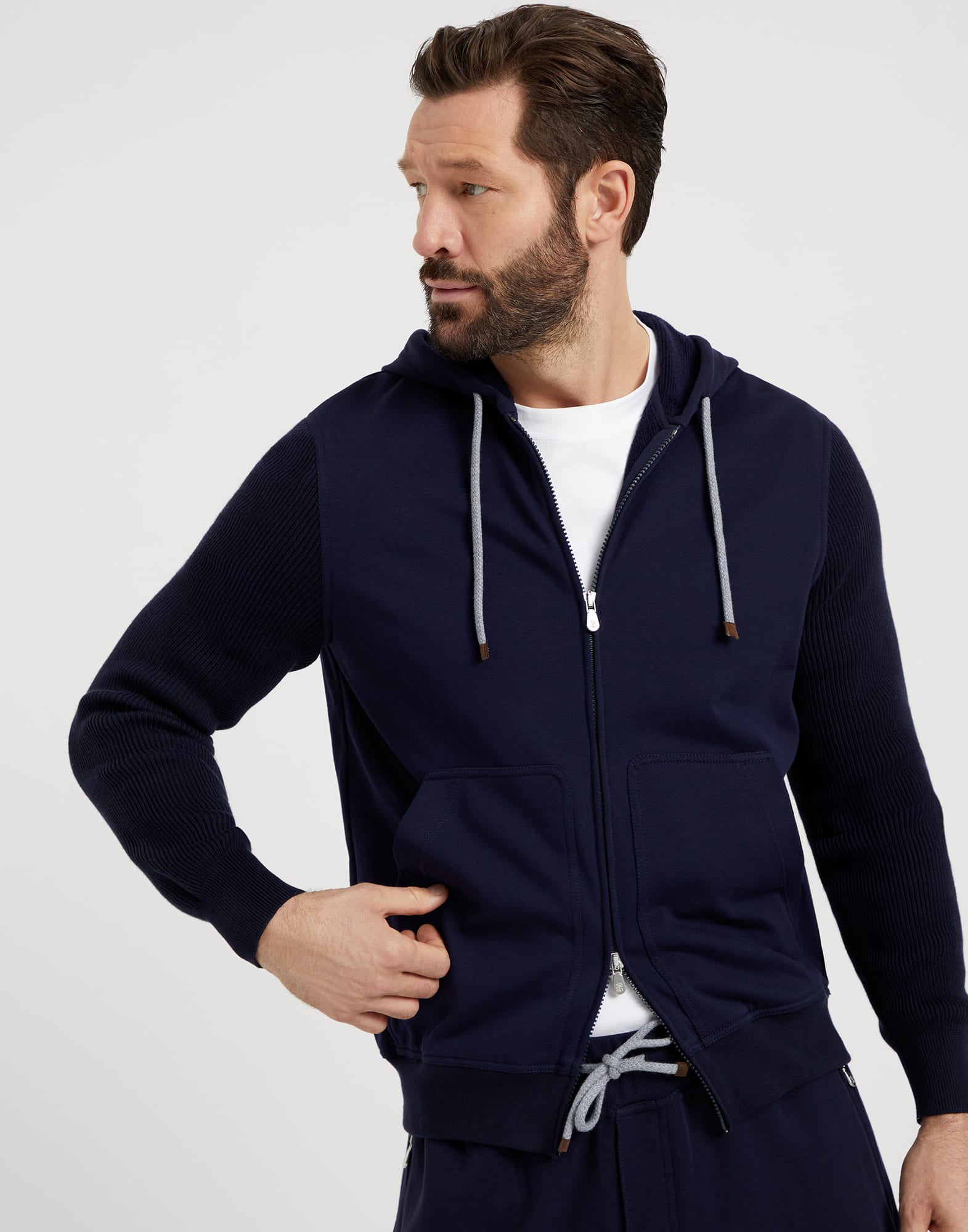 Cotton French terry hooded sweatshirt with zipper and cotton rib knit sleeves