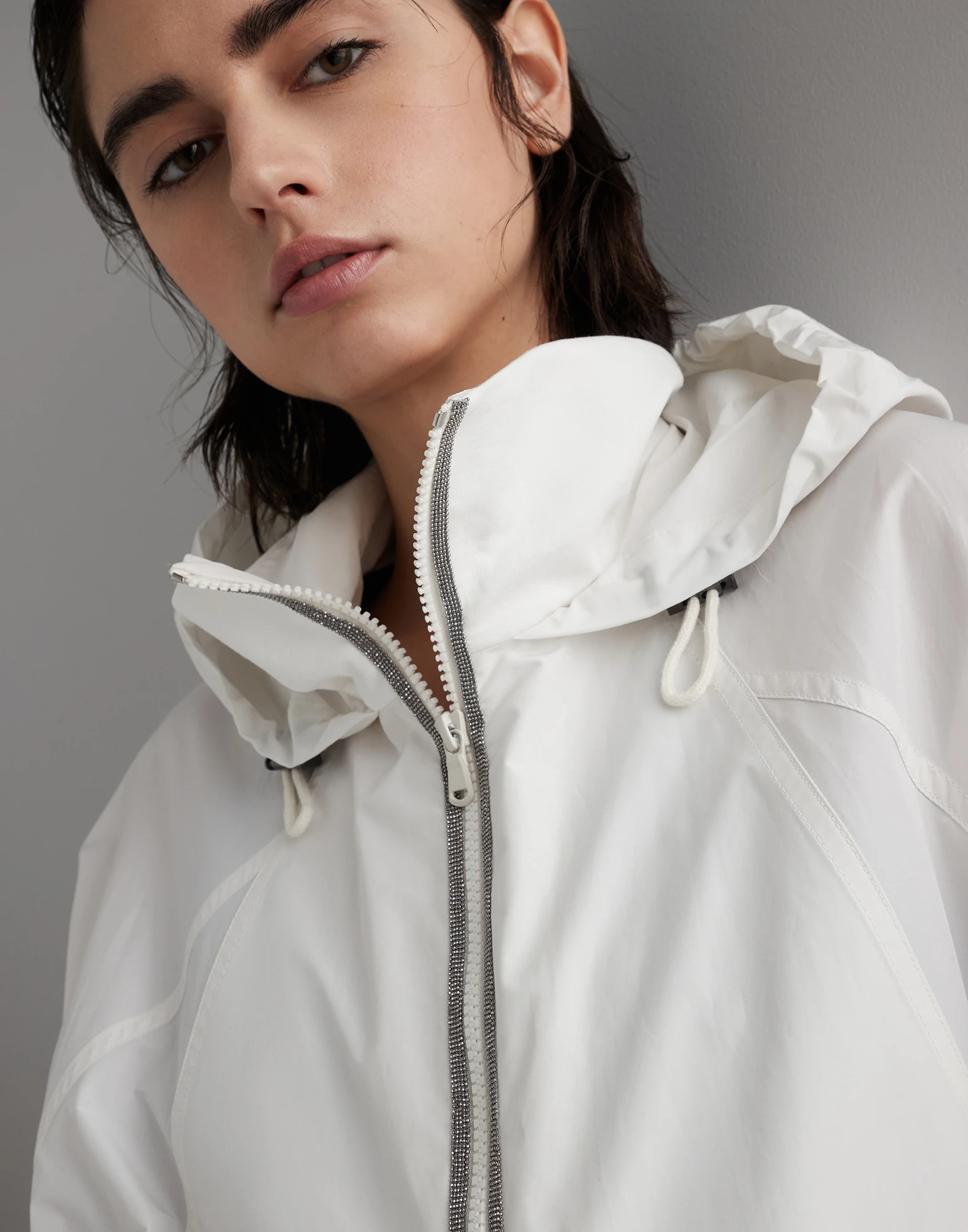 Panelled hooded outerwear jacket in taffeta and French terry with shiny trims