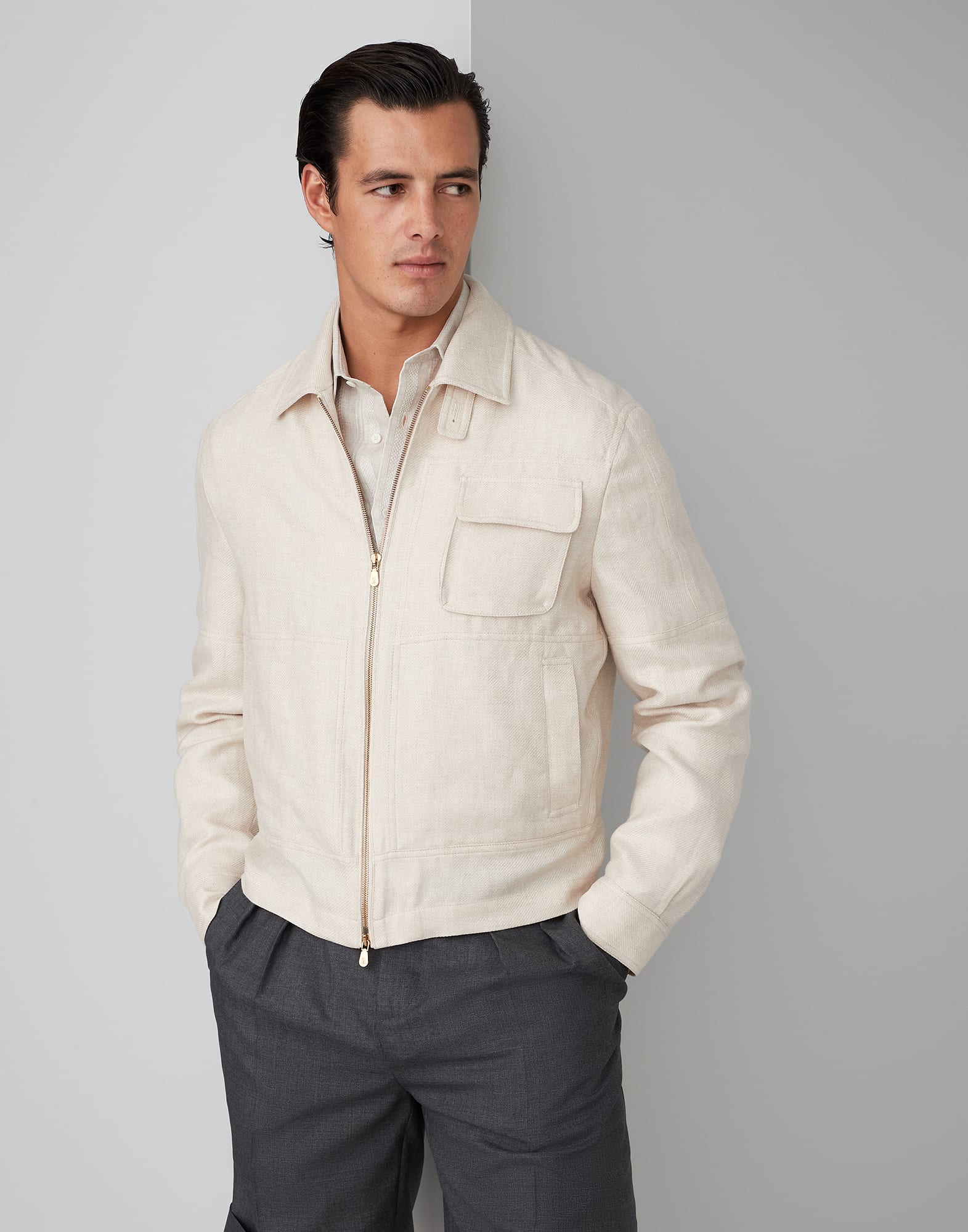 Linen, wool and silk diagonal outerwear jacket with chest pocket