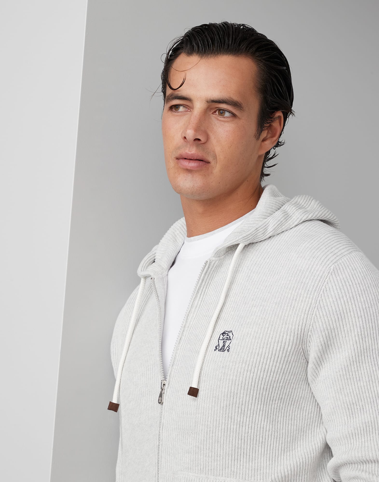 Cotton English rib knit hooded sweatshirt with zipper