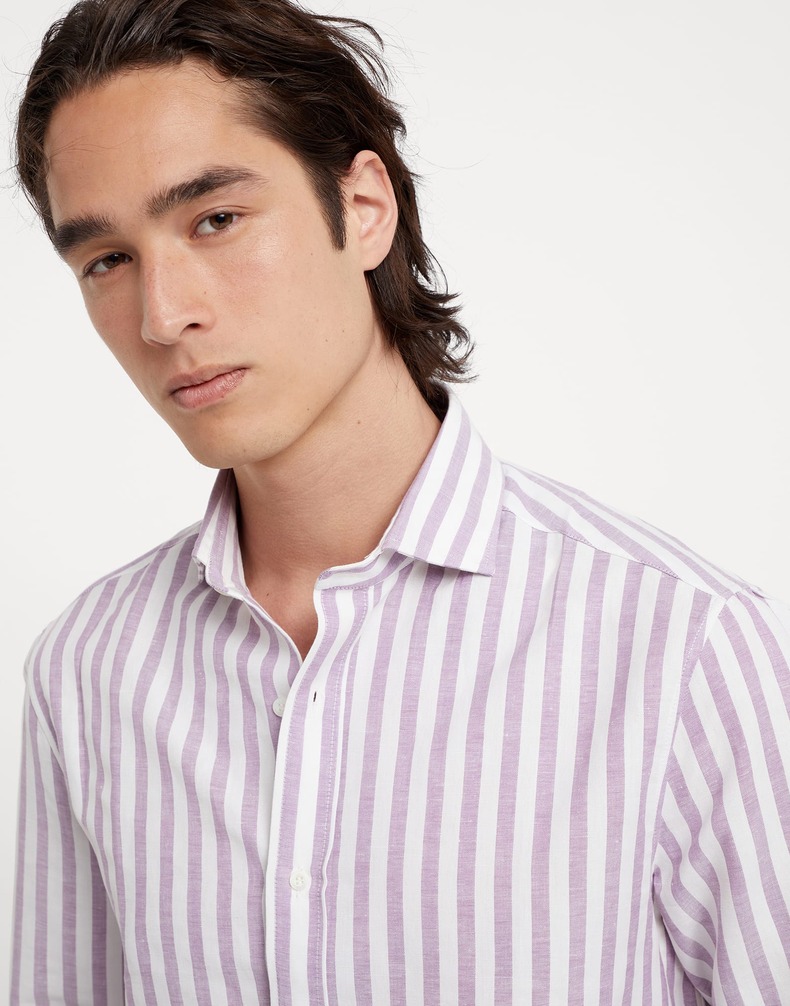 Striped hemp and cotton basic fit shirt with spread collar