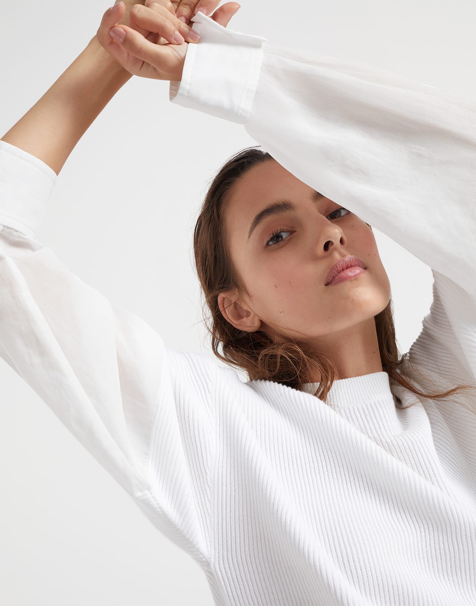 Cotton English rib knit sweater with organza sleeves