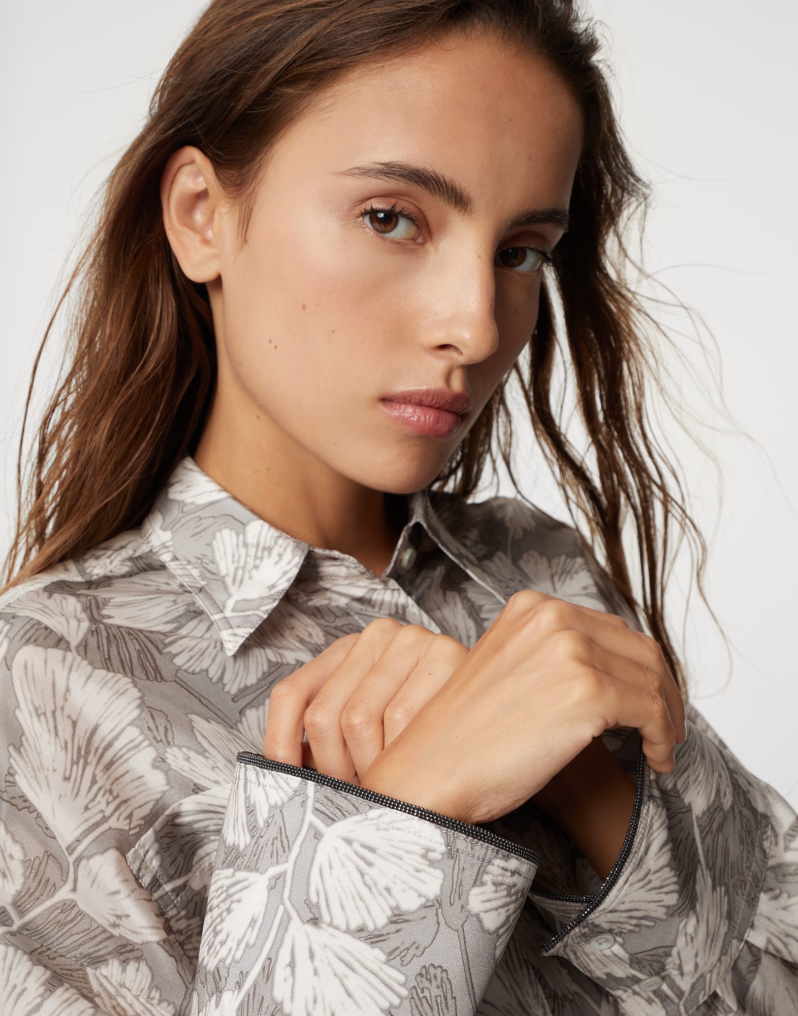 Silk ginkgo print pongee shirt dress with belt and shiny cuff details